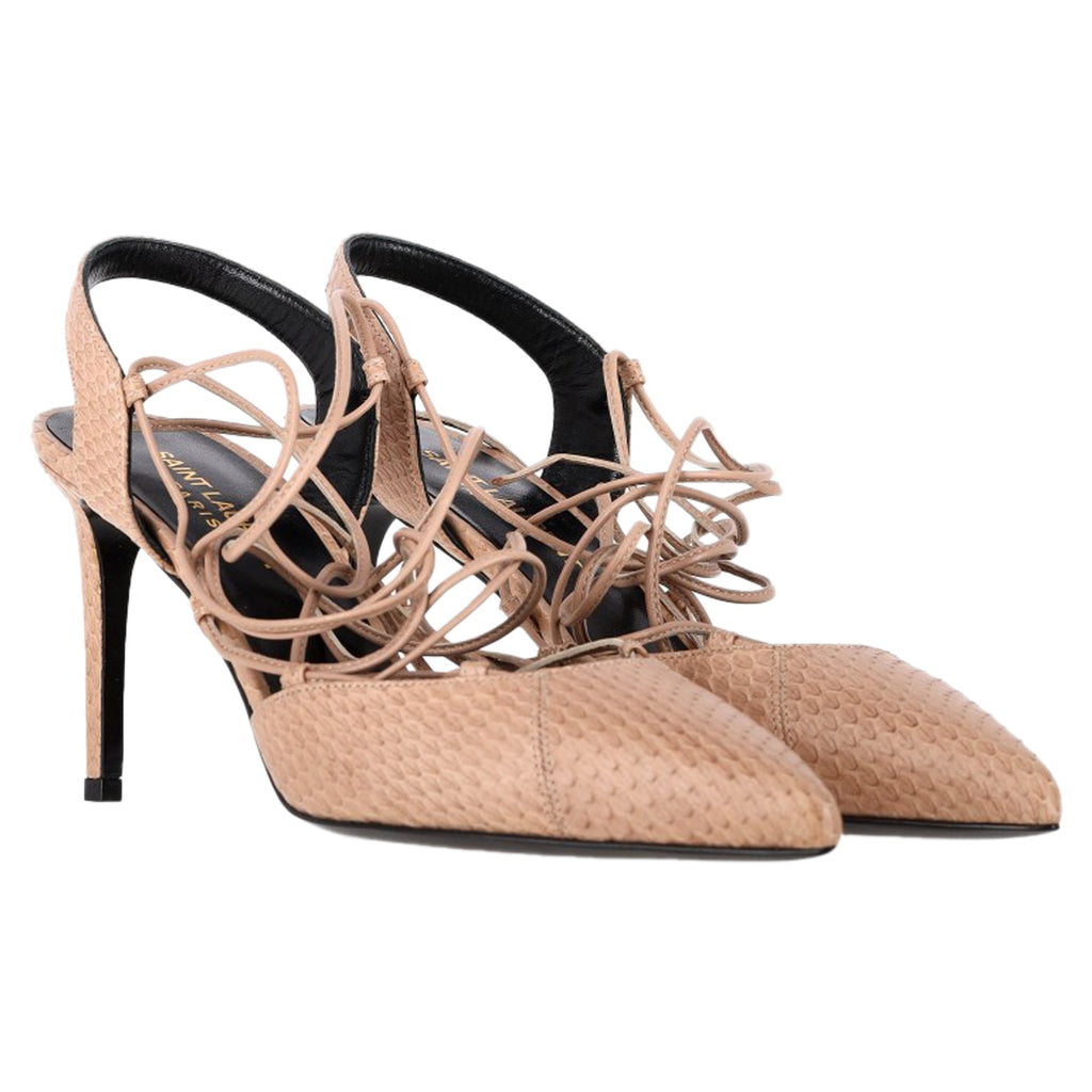 Saint Laurent Paris Skinny Snakeskin-Embossed Pumps in Beige Leather