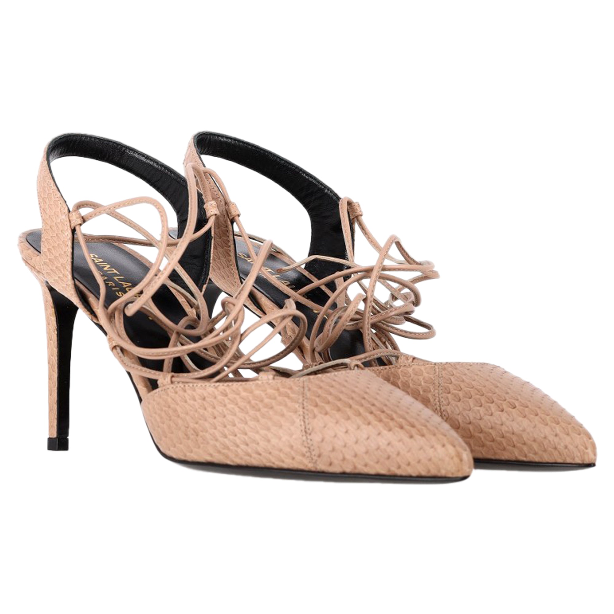 Saint Laurent Paris Skinny Snakeskin-Embossed Pumps in Beige Leather