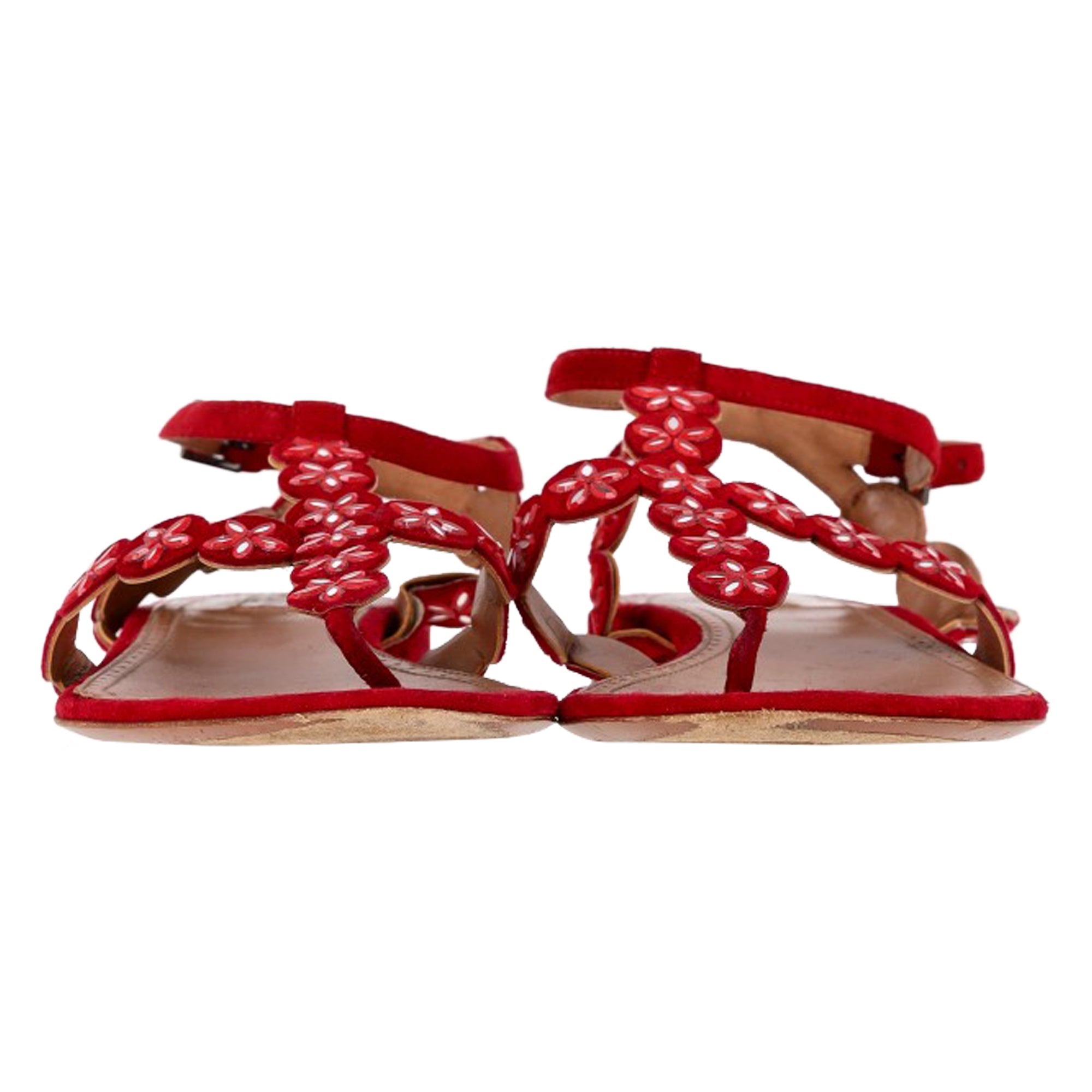 Alaïa Flower Lasercut Ankle Strap Flat Sandals in Red Suede