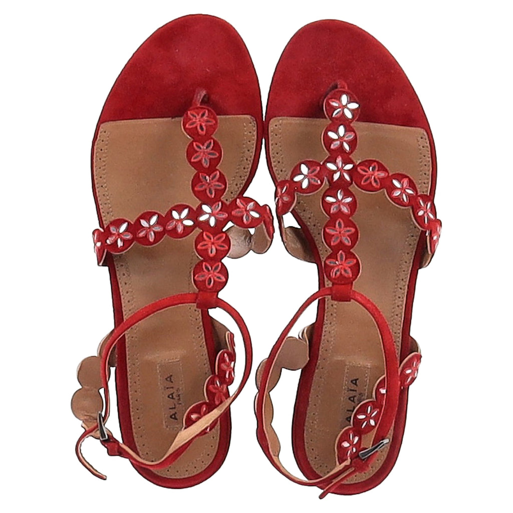 Alaïa Flower Lasercut Ankle Strap Flat Sandals in Red Suede