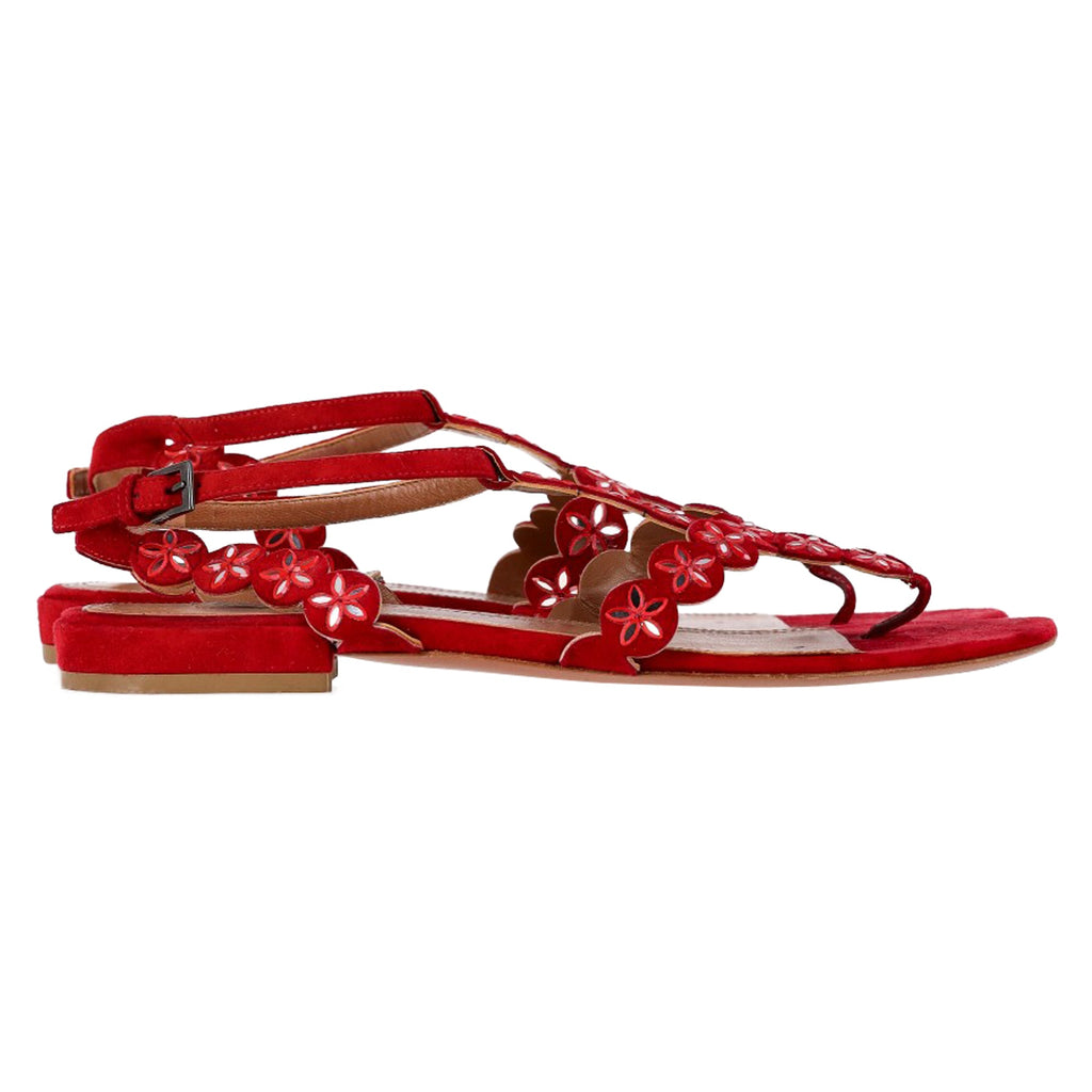 Alaïa Flower Lasercut Ankle Strap Flat Sandals in Red Suede