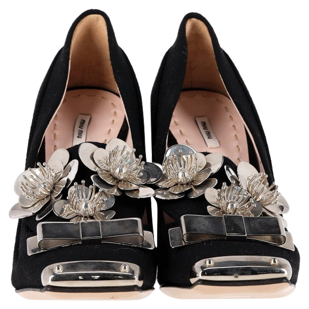 Women's Miu Miu Embellised Square-Toe Pumps in Black Suede