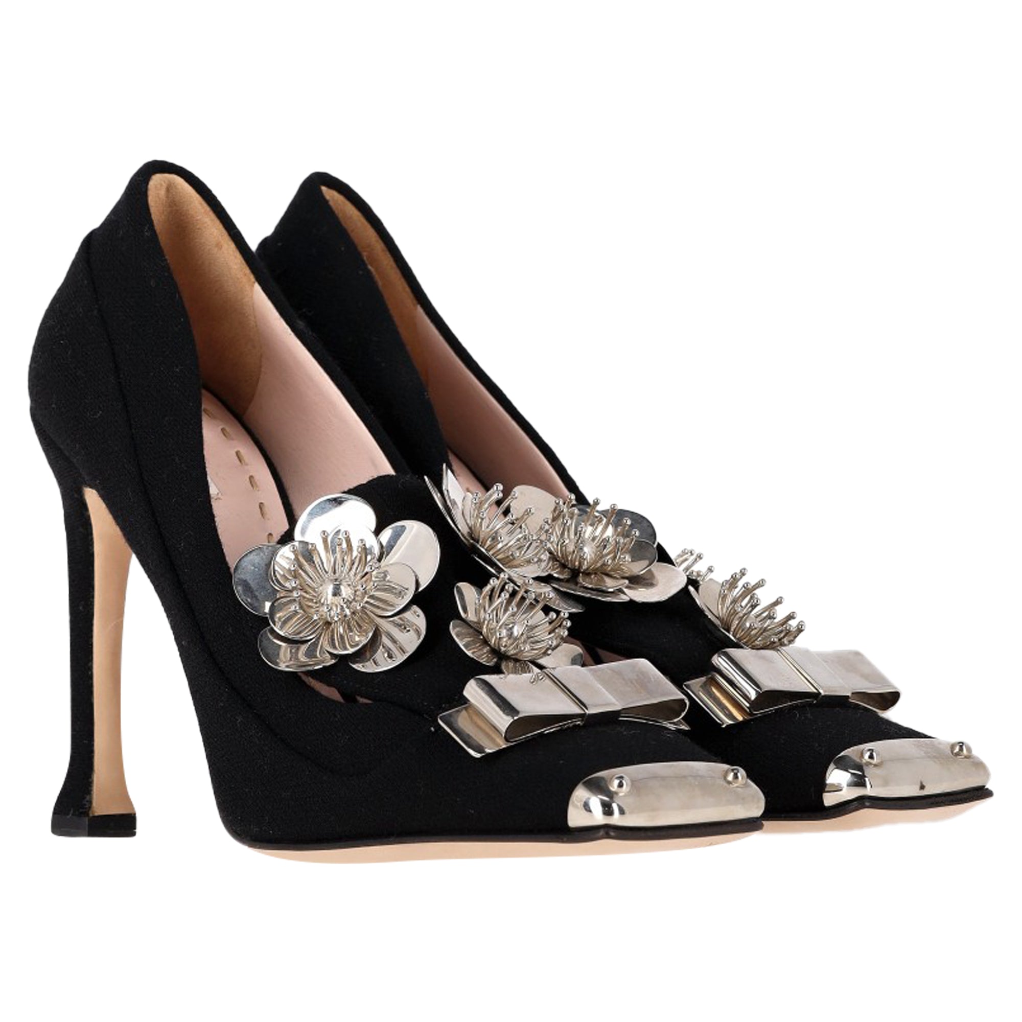 Women's Miu Miu Embellised Square-Toe Pumps in Black Suede