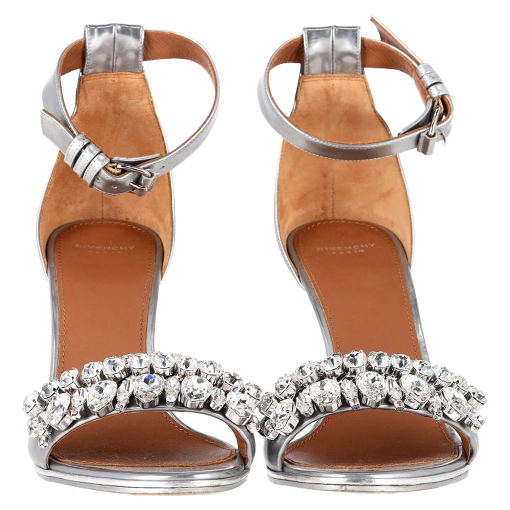 Givenchy Embellished Ankle Strap Sandal Heels in Silver Leather
