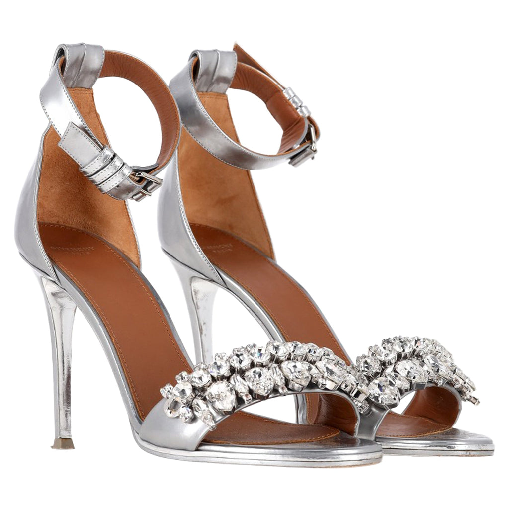 Givenchy Embellished Ankle Strap Sandal Heels in Silver Leather