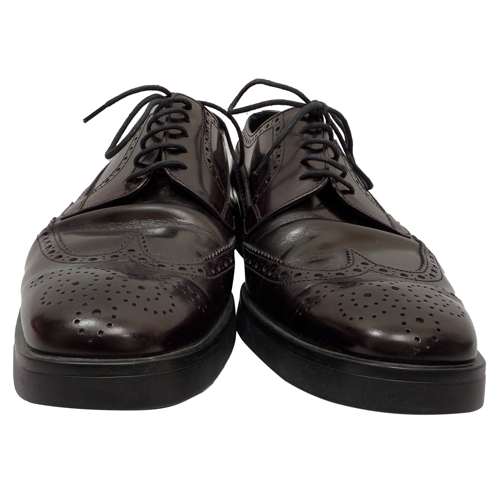 Prada Brush Lace-Up Brogue Shoes in Burgundy Leather
