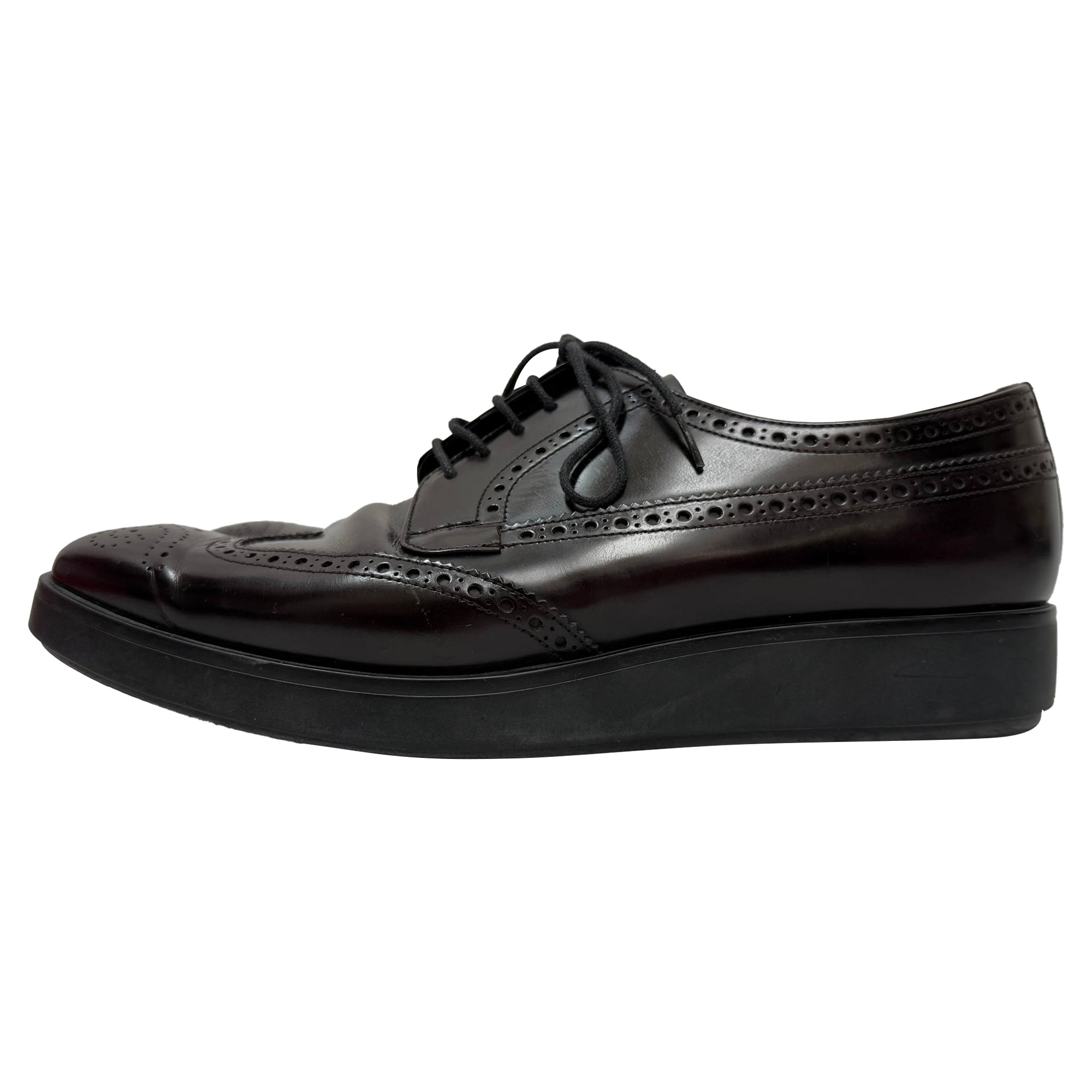 Prada Brush Lace-Up Brogue Shoes in Burgundy Leather