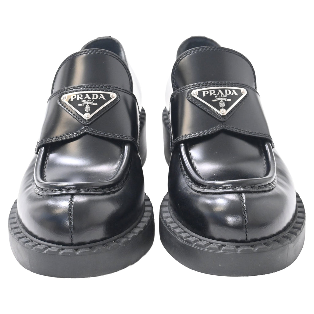 Prada Brushed Platform Loafers in Black Leather