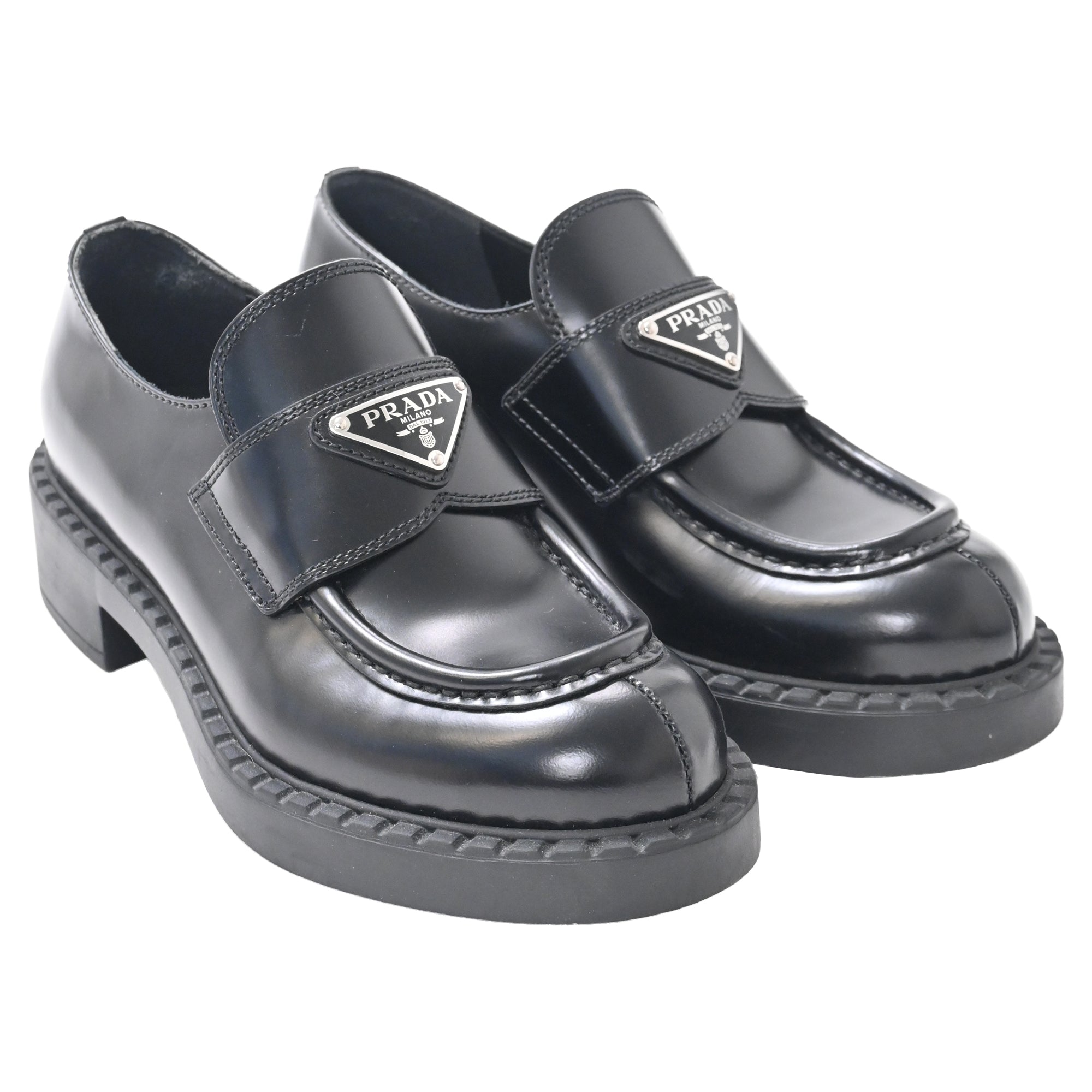 Prada Brushed Platform Loafers in Black Leather