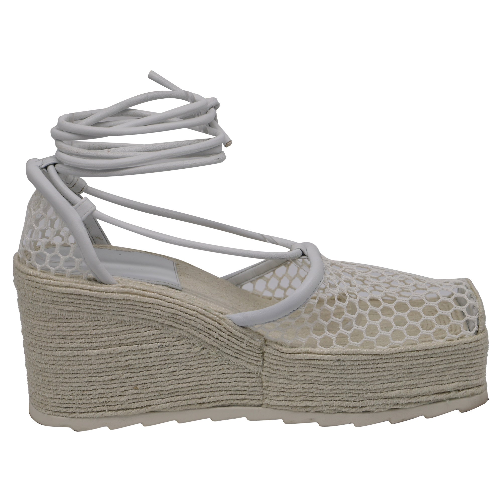 Bottega Veneta Stretch Lace-Up Wedge Espadrilles in White Leather