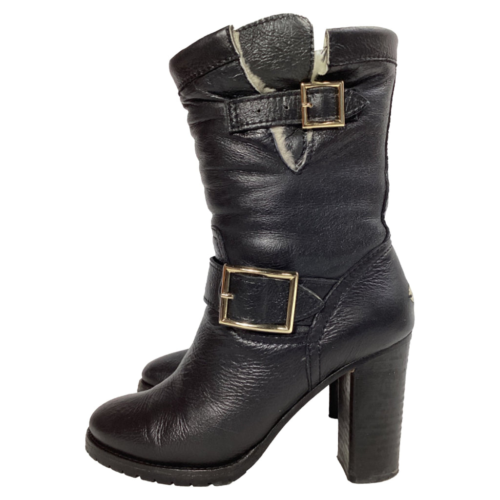 Jimmy Choo Dart Shear-Lined Biker Boots in Black Leather