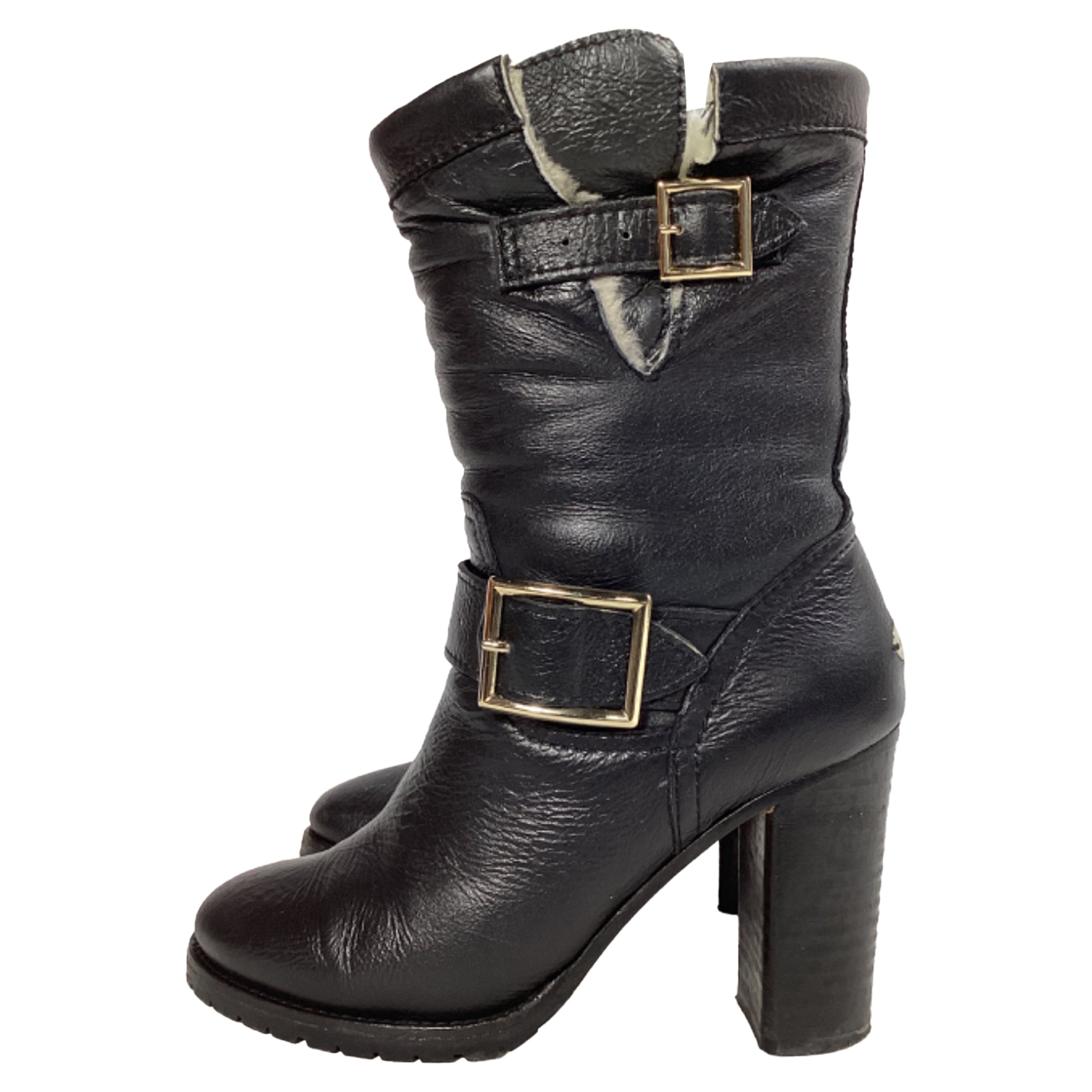 Jimmy Choo Dart Shear-Lined Biker Boots in Black Leather