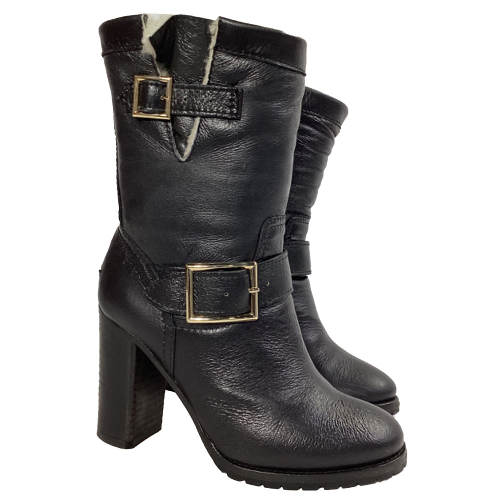 Jimmy Choo Dart Shear-Lined Biker Boots in Black Leather