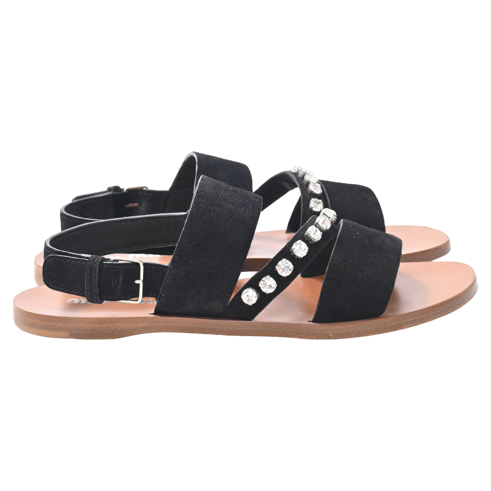 Women's Miu Miu Crystal-Embellished Slingback Flat Sandals in Black Suede