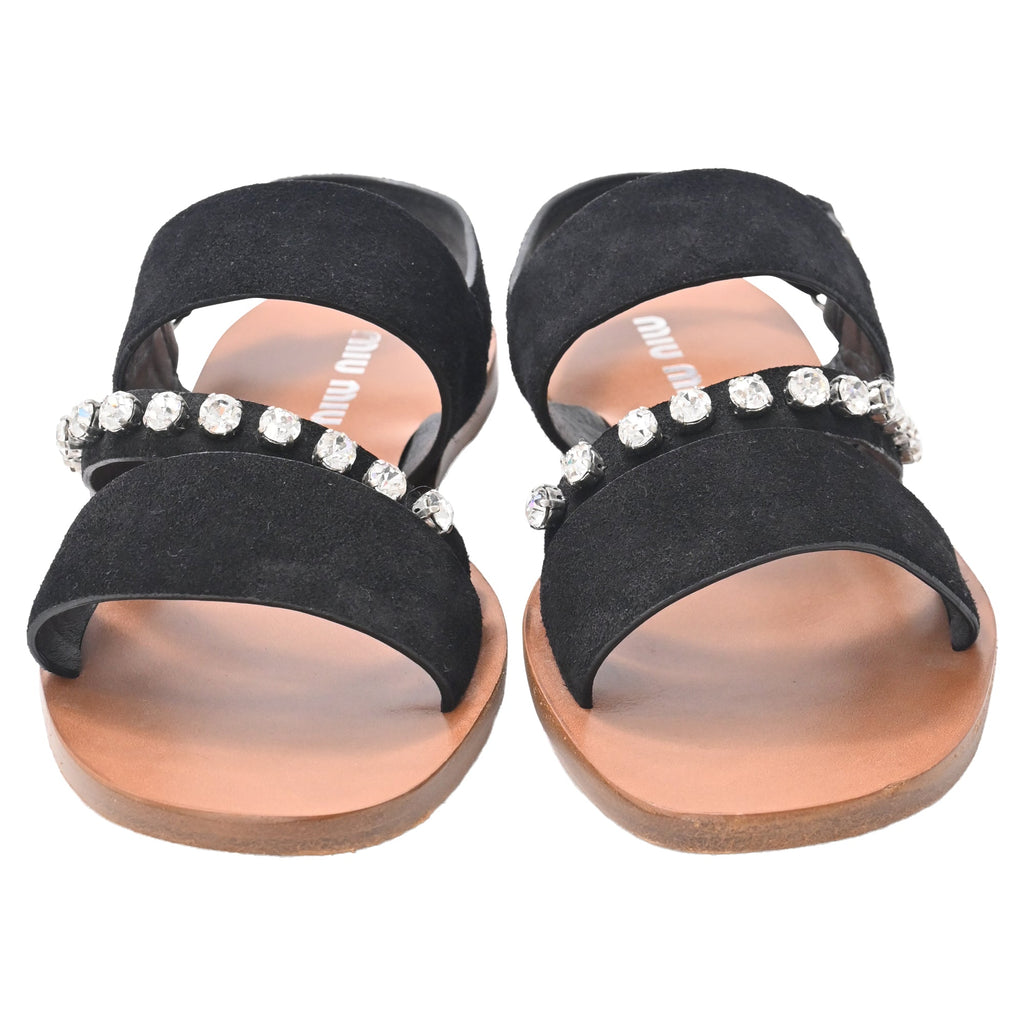 Women's Miu Miu Crystal-Embellished Slingback Flat Sandals in Black Suede