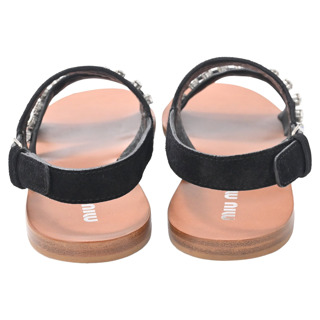 Women's Miu Miu Crystal-Embellished Slingback Flat Sandals in Black Suede