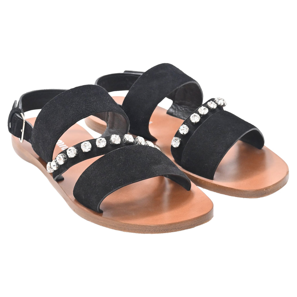 Women's Miu Miu Crystal-Embellished Slingback Flat Sandals in Black Suede