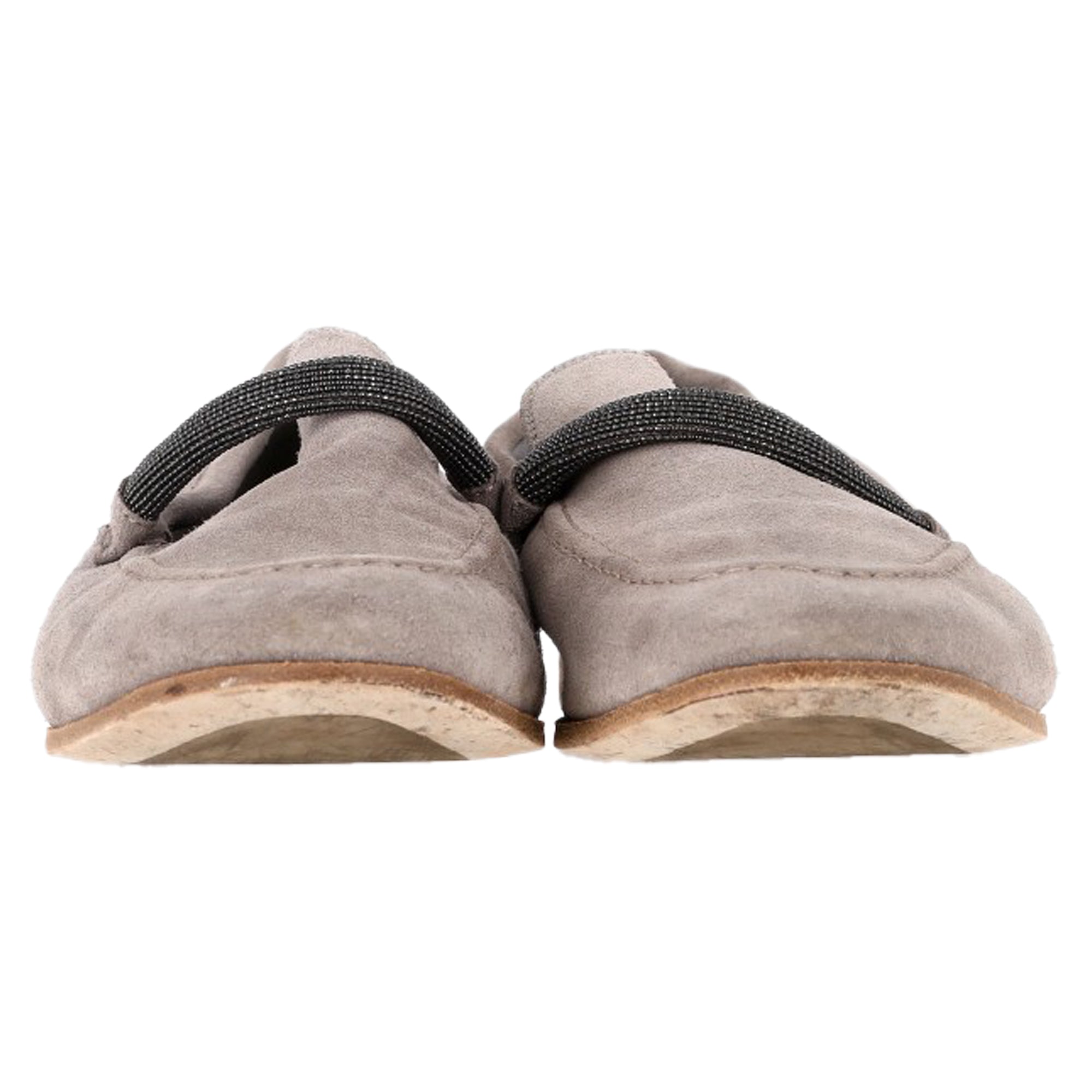 Women's Brunello Cucinelli Embellished Penny Loafers in Grey Suede