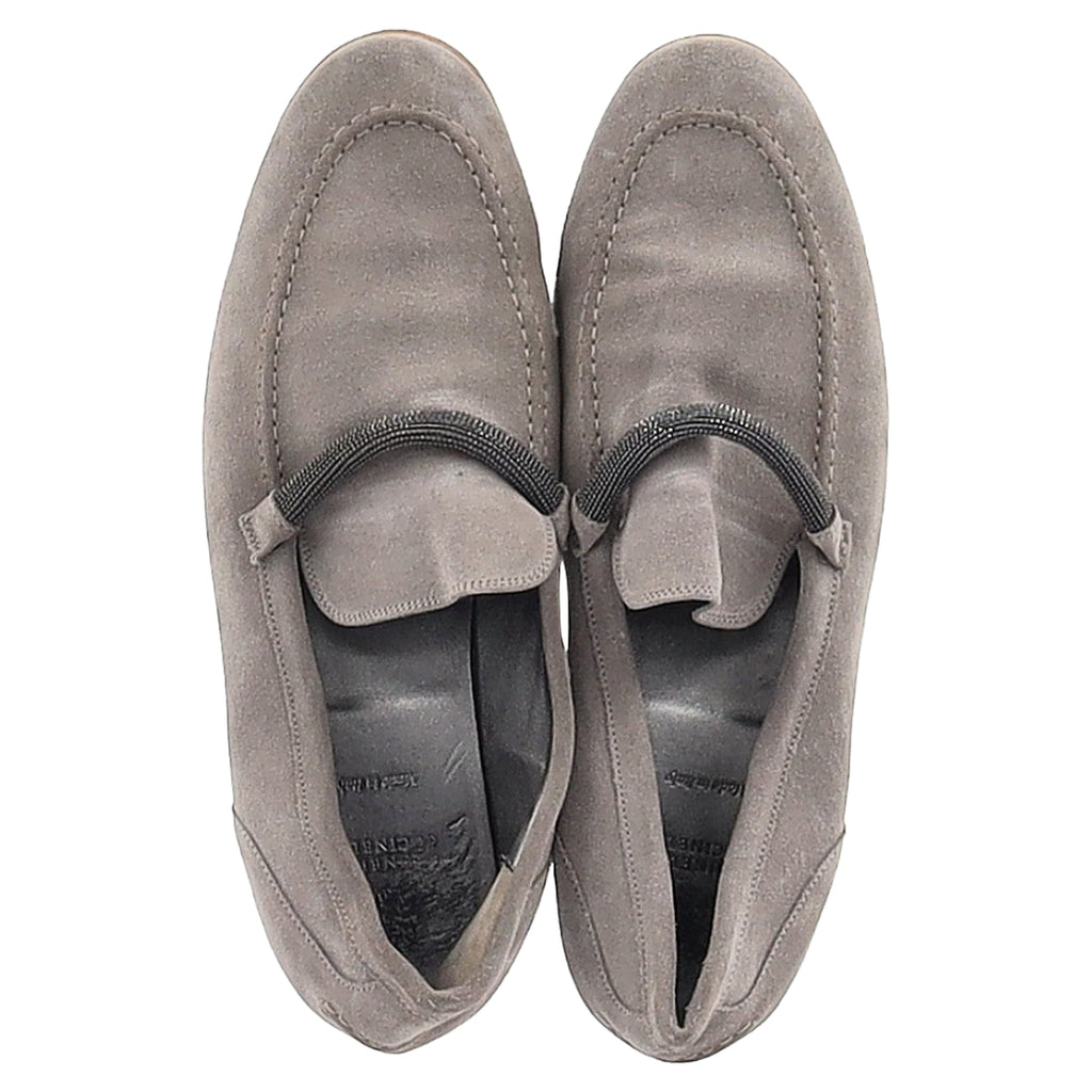 Women's Brunello Cucinelli Embellished Penny Loafers in Grey Suede