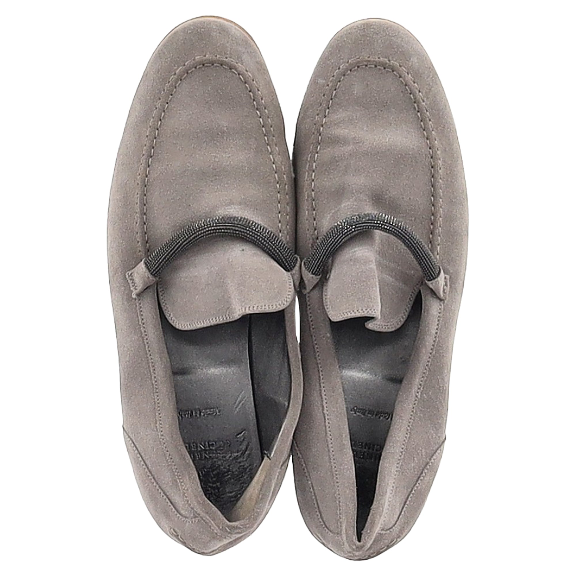 Women's Brunello Cucinelli Embellished Penny Loafers in Grey Suede
