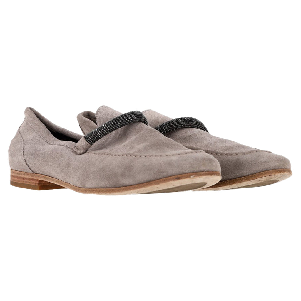 Women's Brunello Cucinelli Embellished Penny Loafers in Grey Suede
