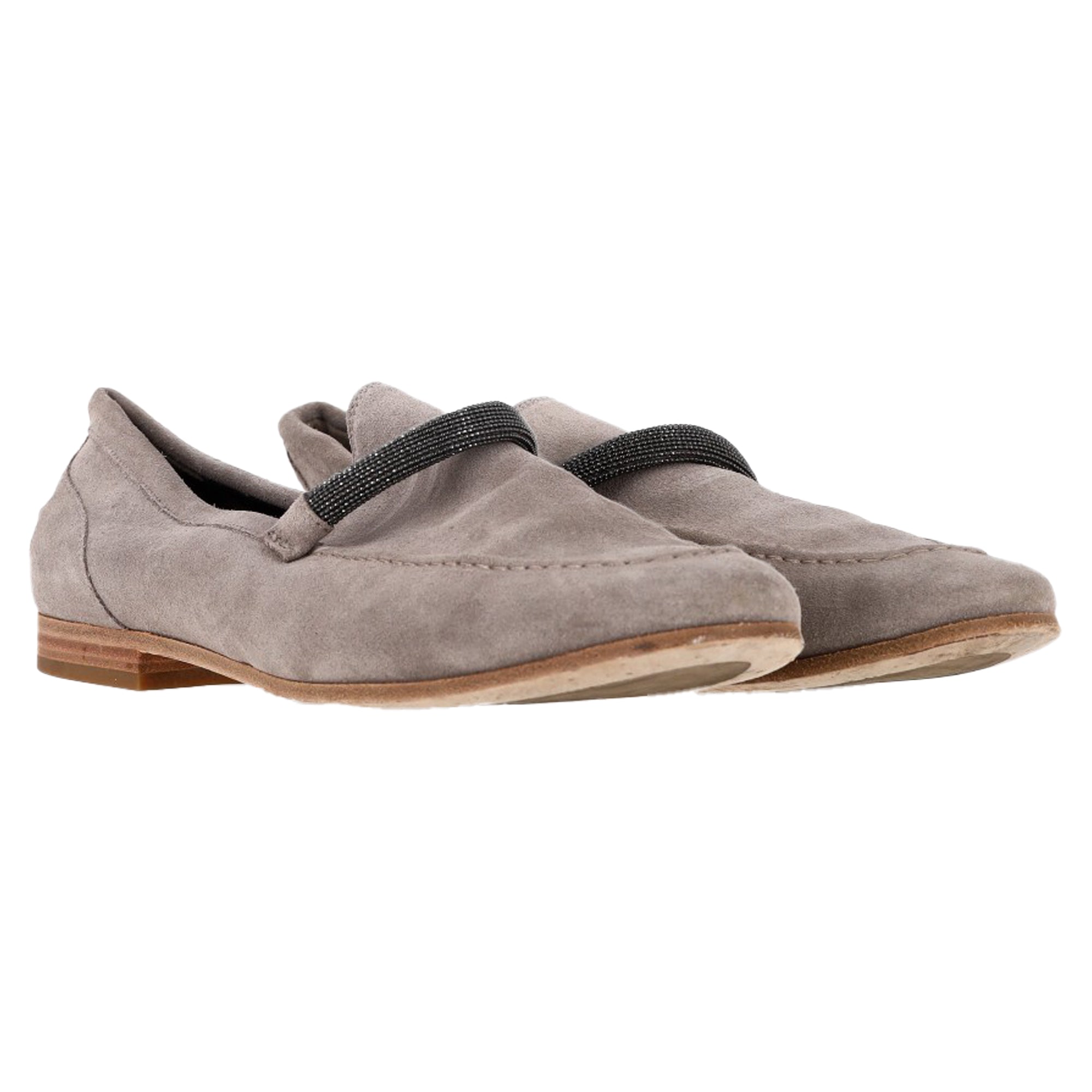 Women's Brunello Cucinelli Embellished Penny Loafers in Grey Suede