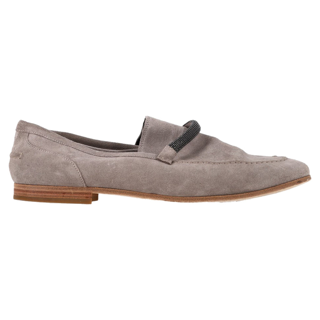 Women's Brunello Cucinelli Embellished Penny Loafers in Grey Suede