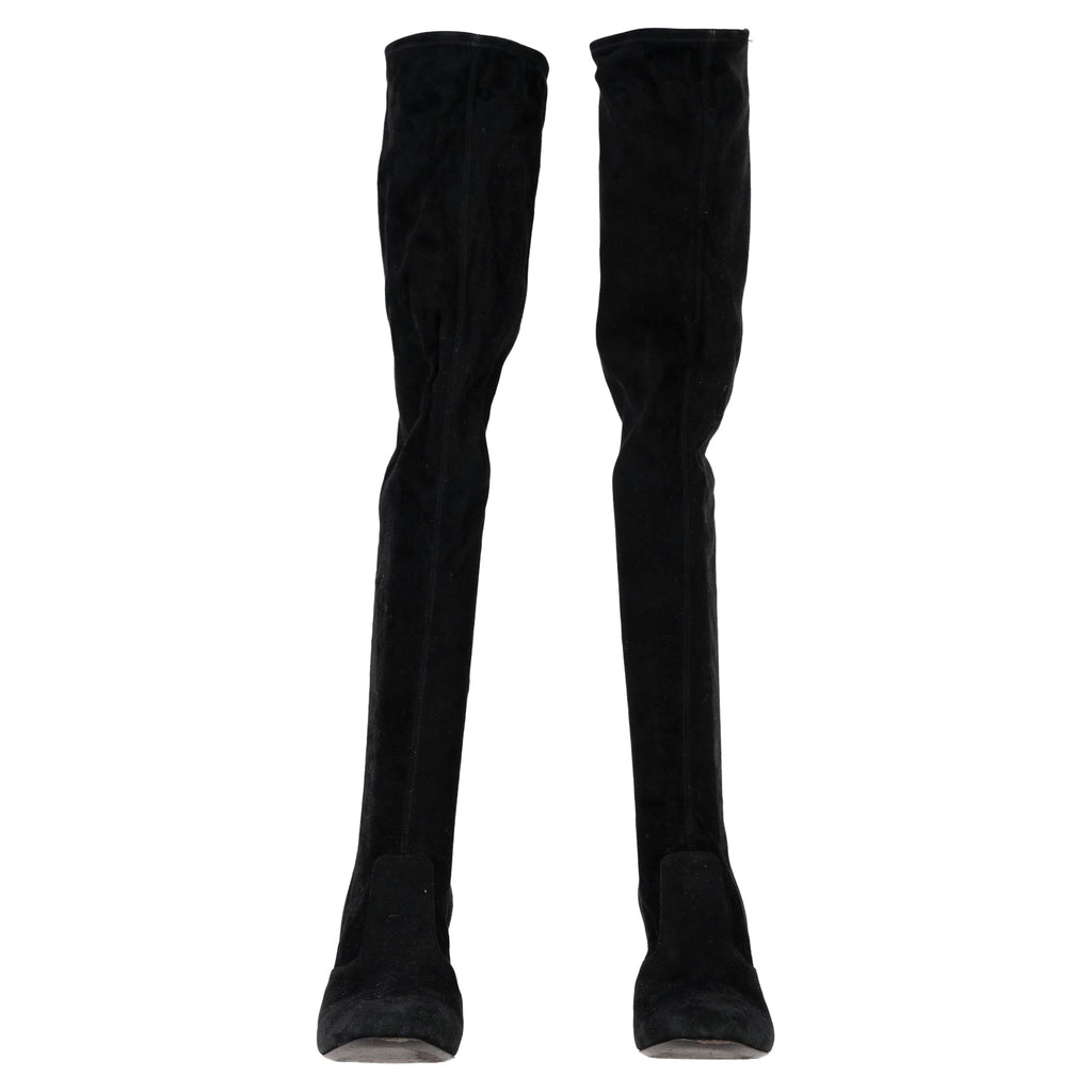 Women's Saint Laurent Block Heel Knee-High Boots in Black Suede