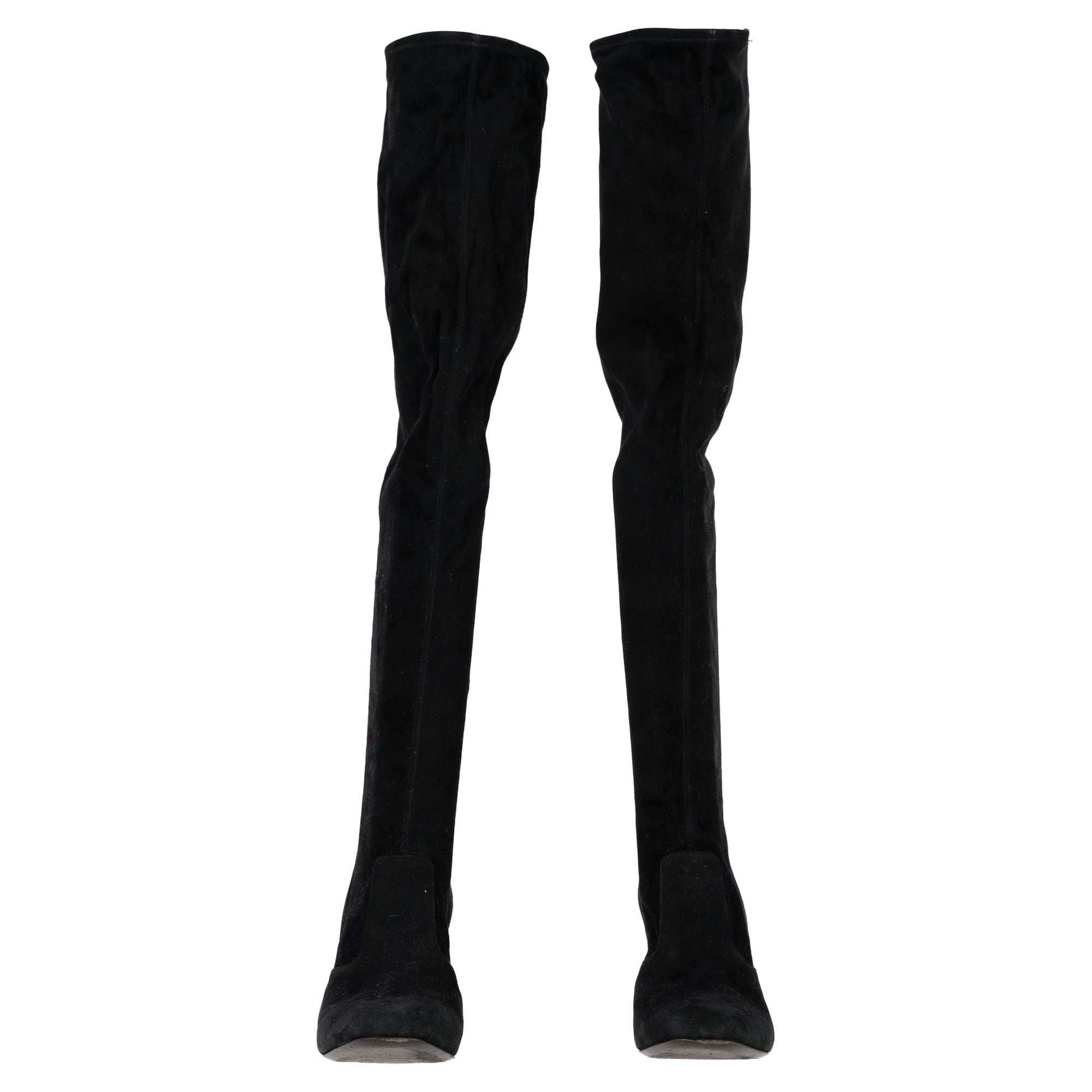 Women's Saint Laurent Block Heel Knee-High Boots in Black Suede