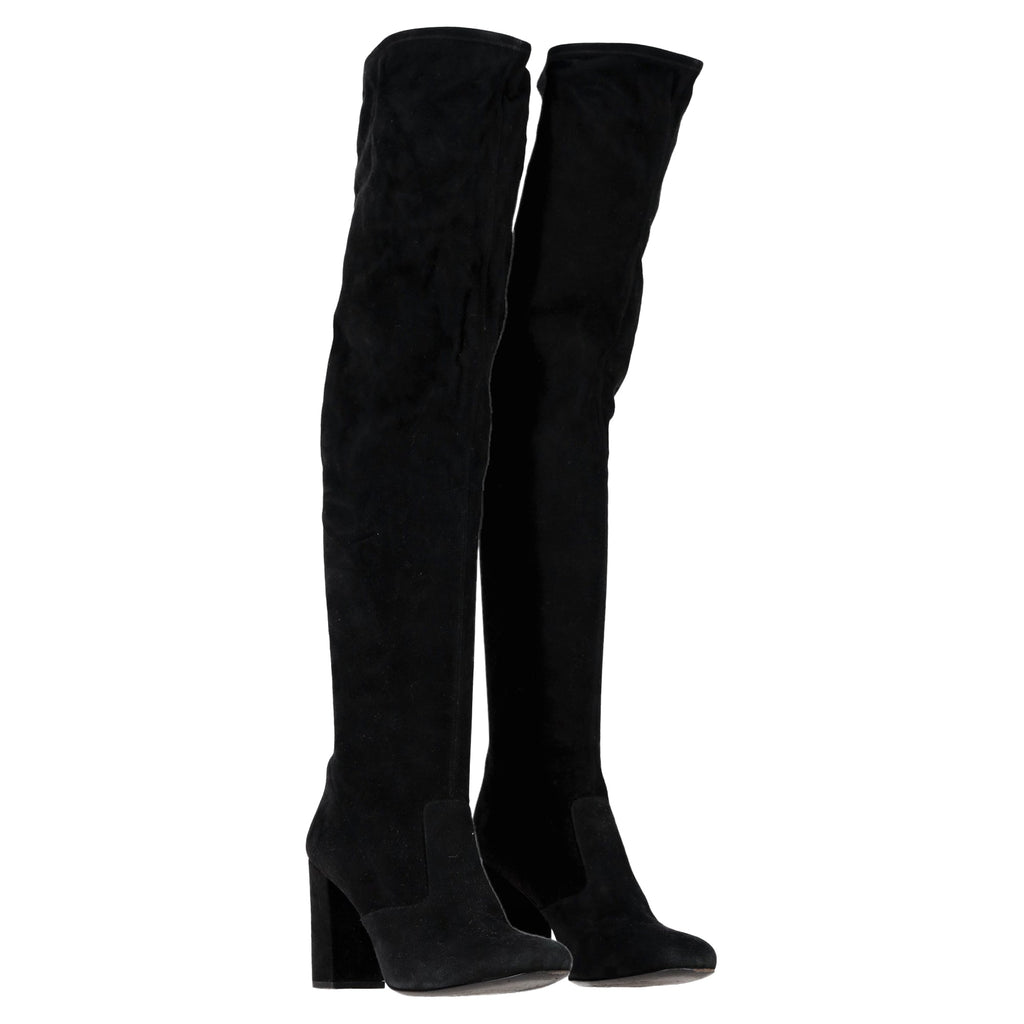 Women's Saint Laurent Block Heel Knee-High Boots in Black Suede