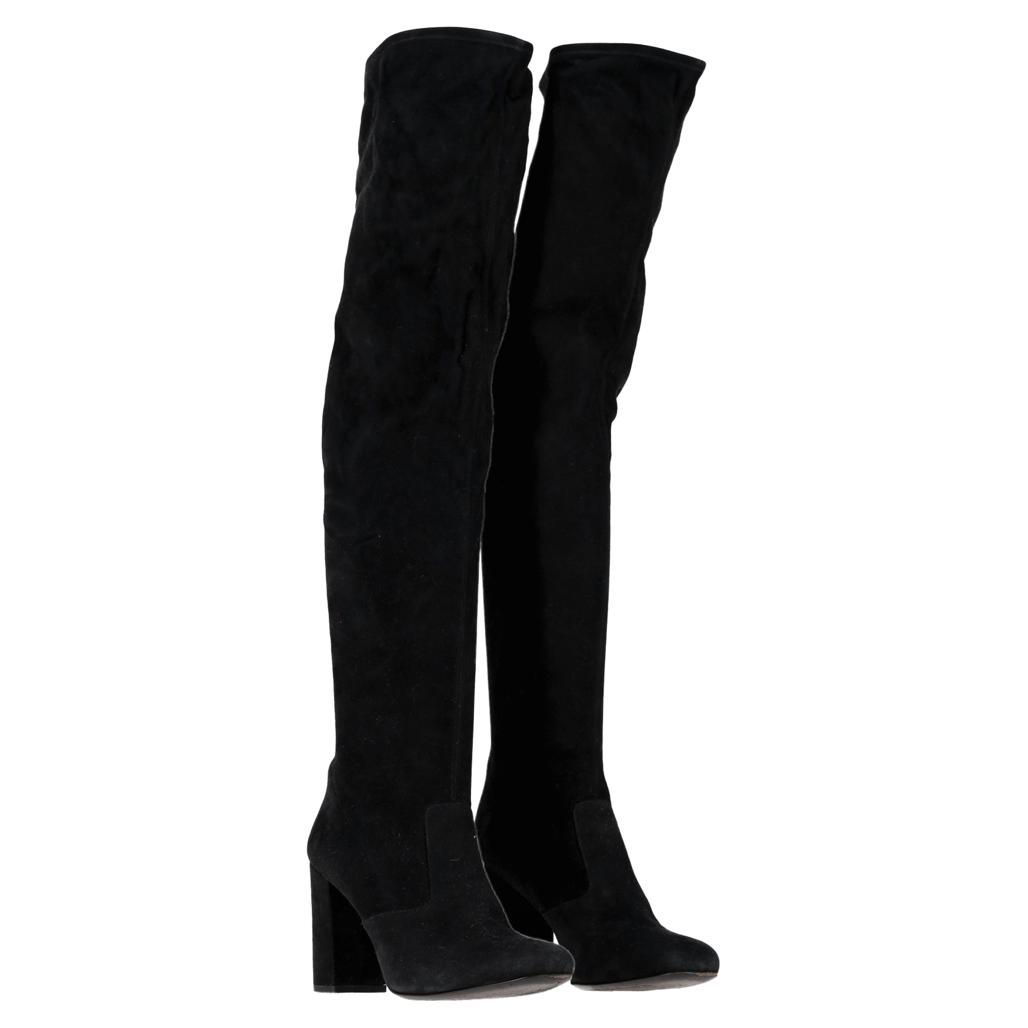 Women's Saint Laurent Block Heel Knee-High Boots in Black Suede