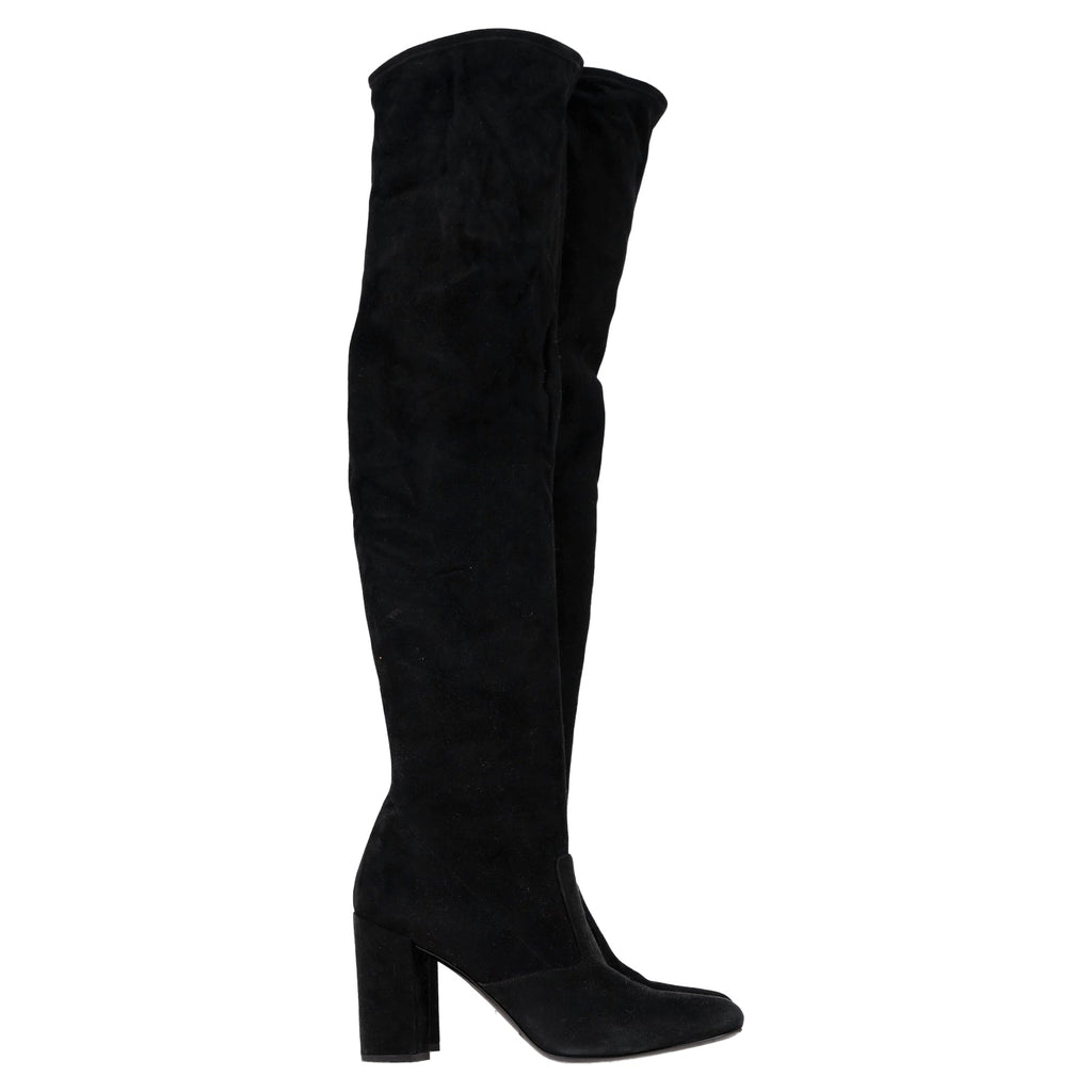 Women's Saint Laurent Block Heel Knee-High Boots in Black Suede