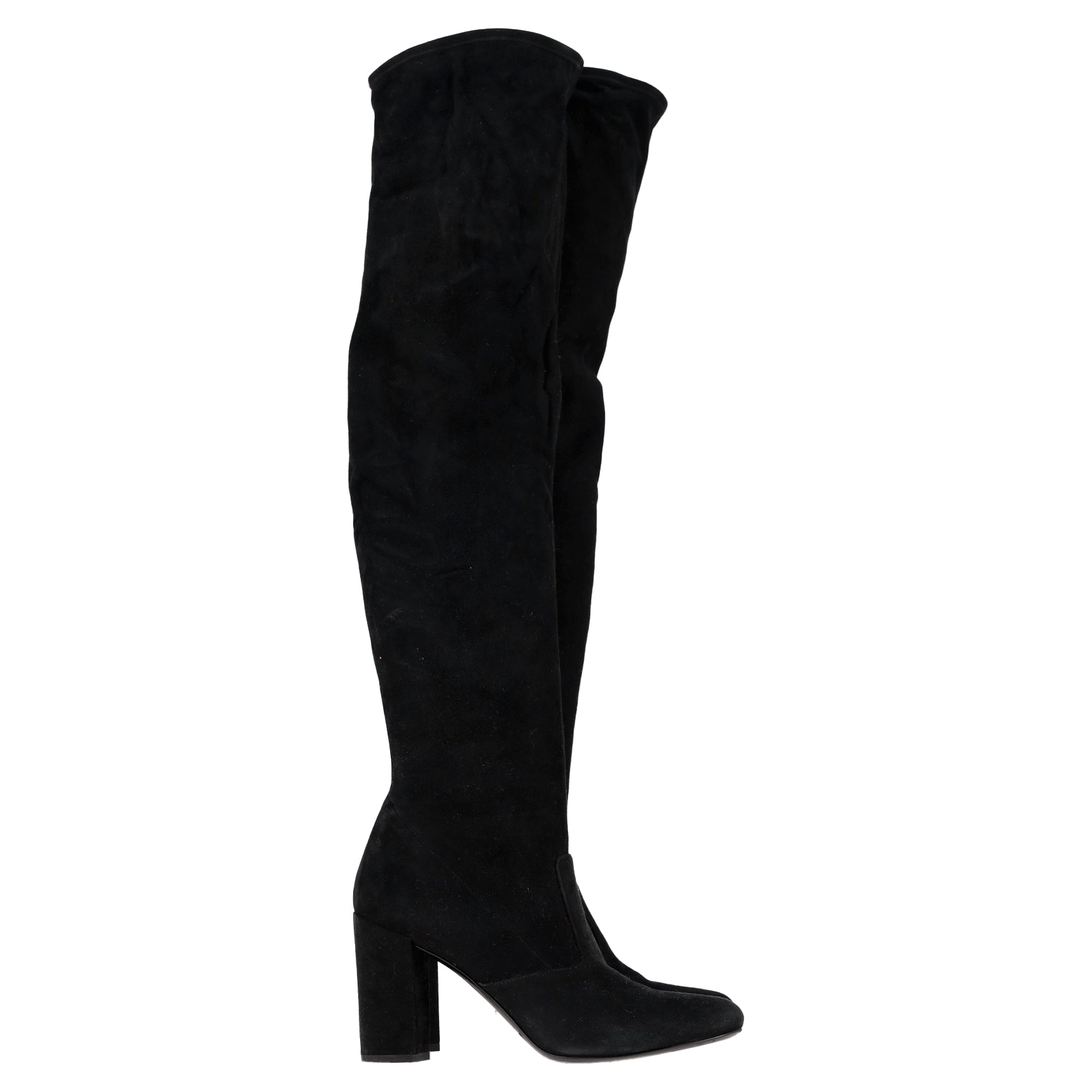 Women's Saint Laurent Block Heel Knee-High Boots in Black Suede