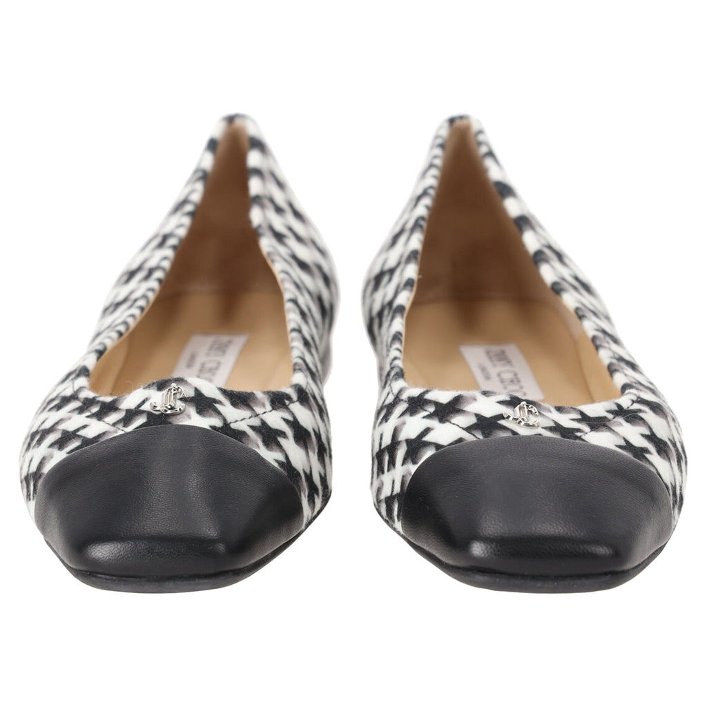 Women's Jimmy Choo Gisela Square Toe Star Houndstooth Print Flats in Black Leather