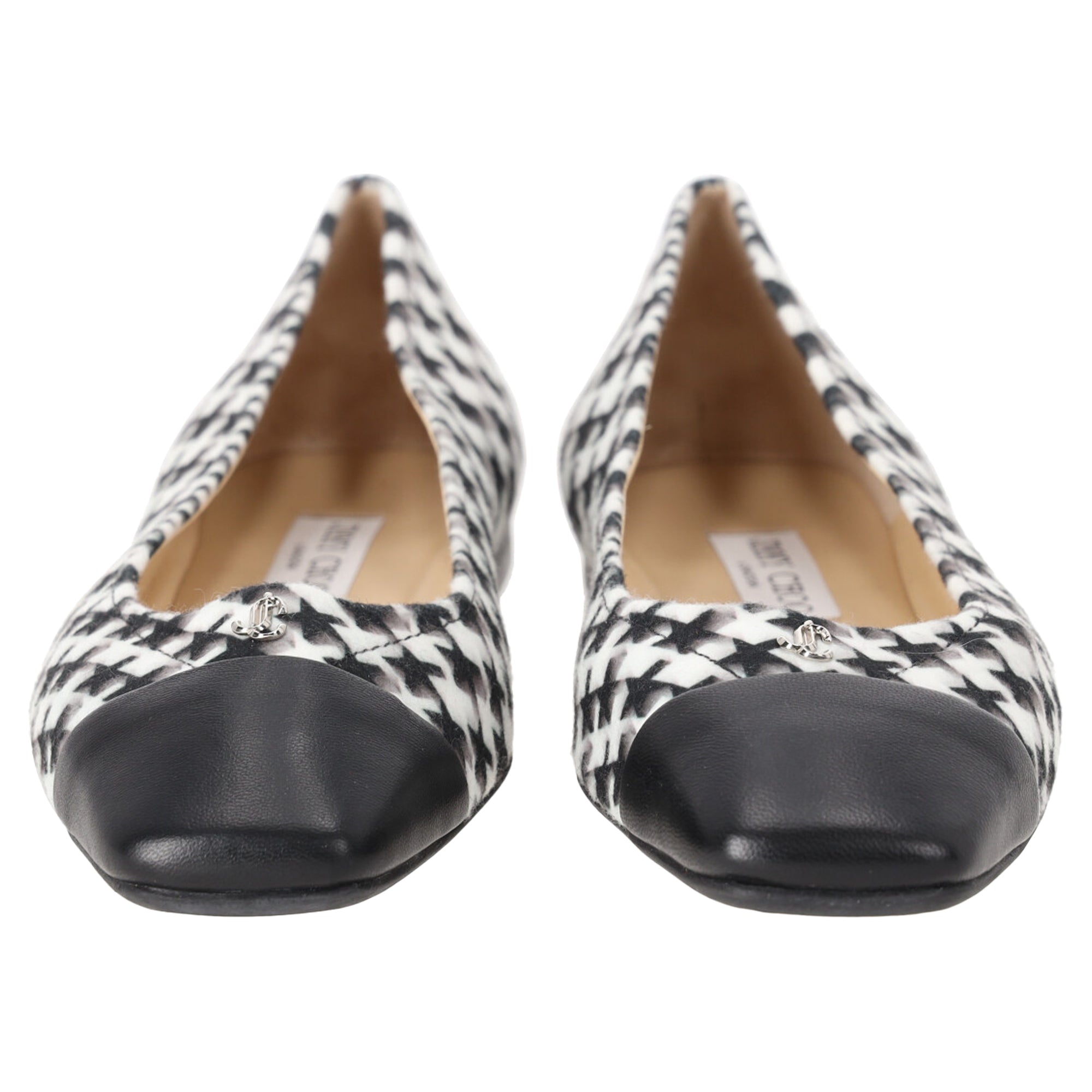 Women's Jimmy Choo Gisela Square Toe Star Houndstooth Print Flats in Black Leather