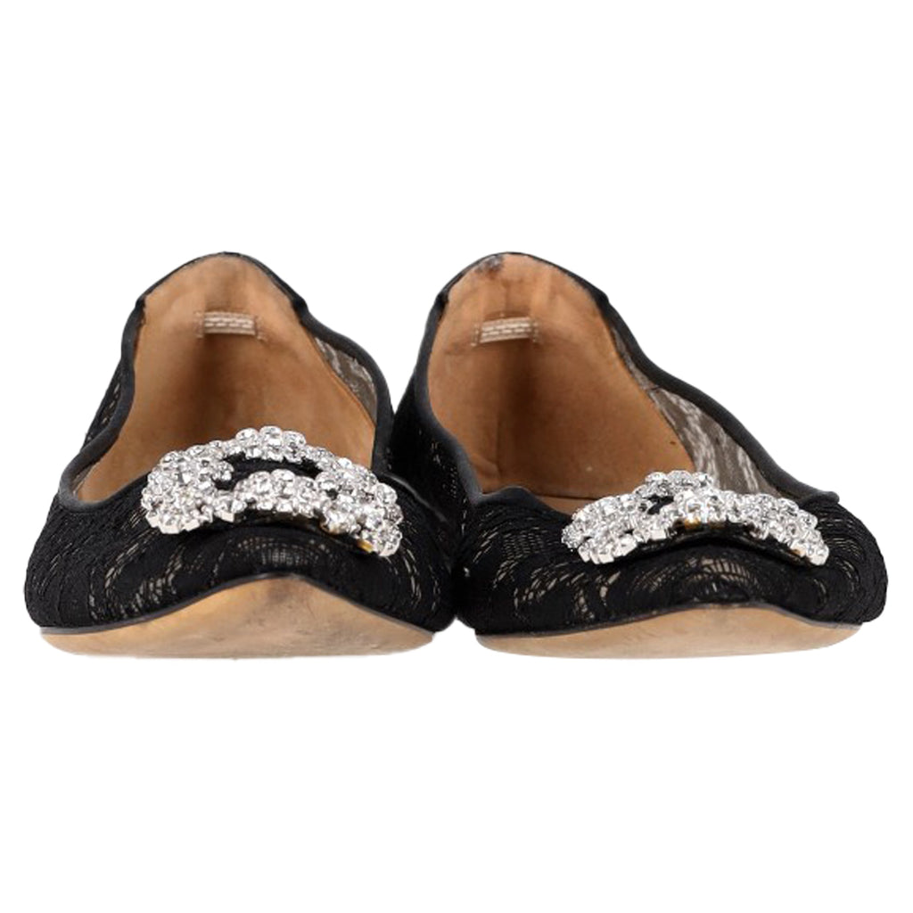 Women's Manolo Blahnik Hangisi Crystal Embellished Lace Ballet Flats in Black Cotton