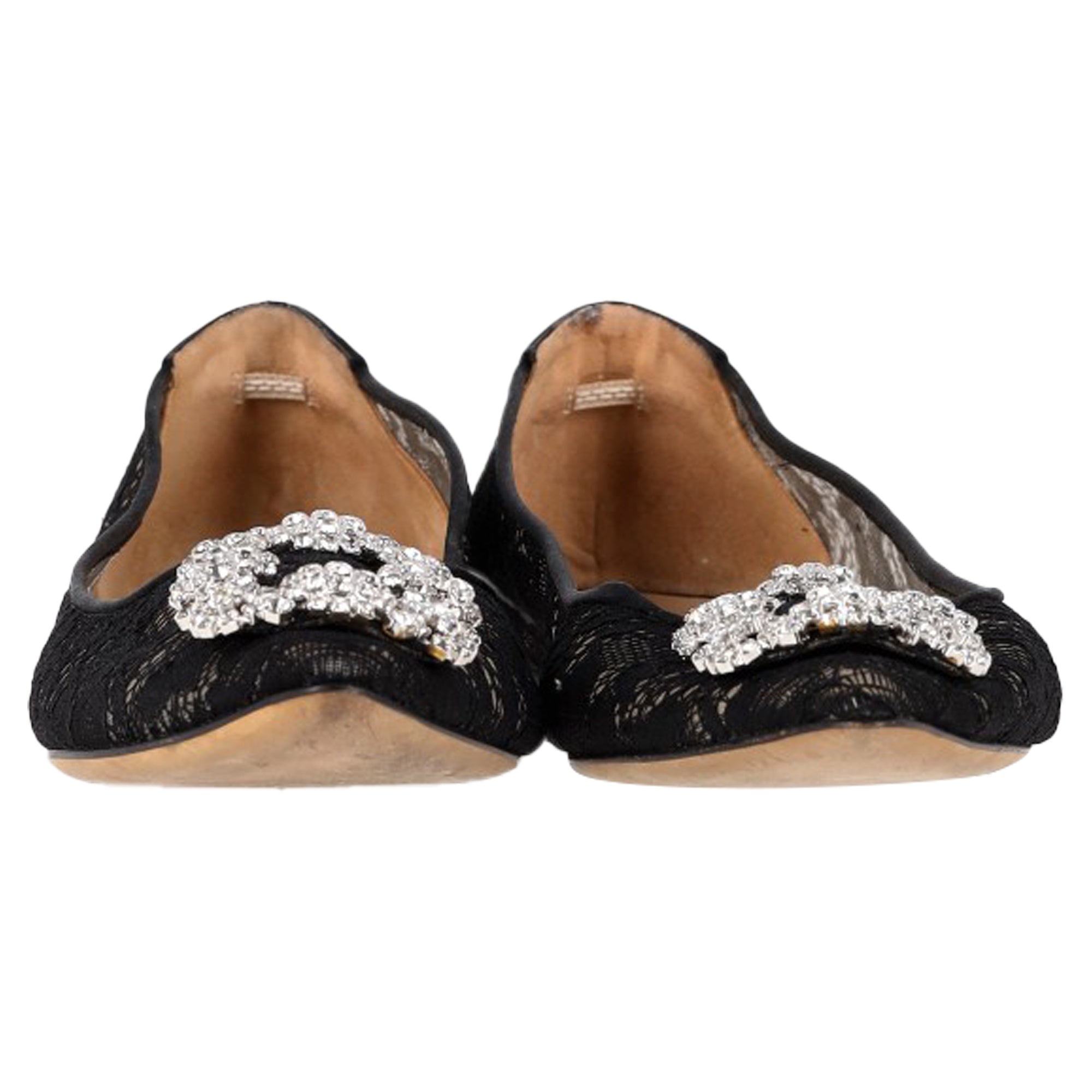 Women's Manolo Blahnik Hangisi Crystal Embellished Lace Ballet Flats in Black Cotton