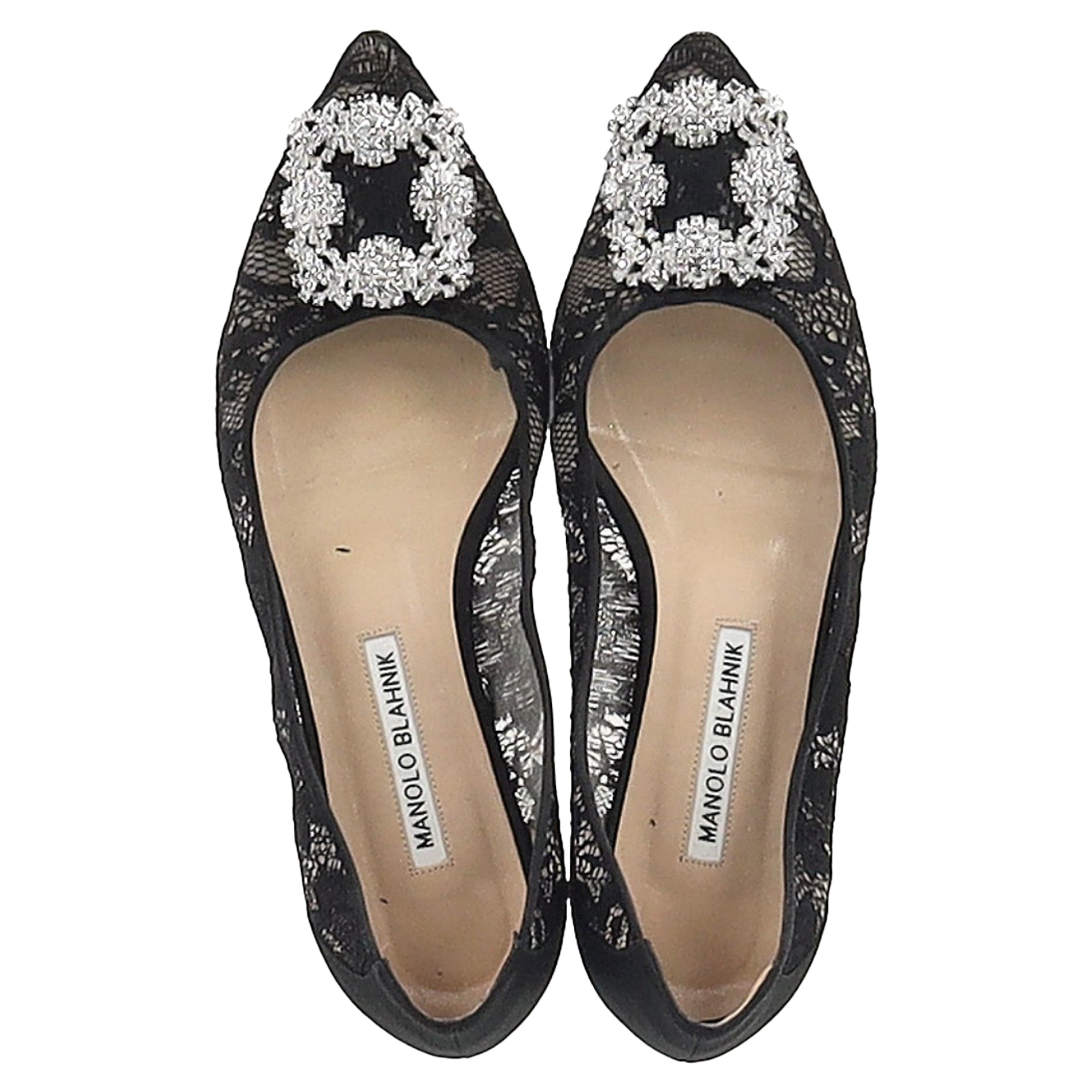 Women's Manolo Blahnik Hangisi Crystal Embellished Lace Ballet Flats in Black Cotton