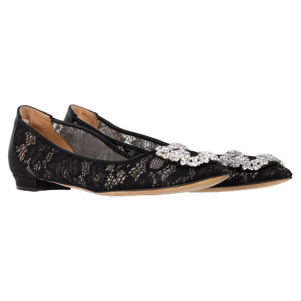 Women's Manolo Blahnik Hangisi Crystal Embellished Lace Ballet Flats in Black Cotton
