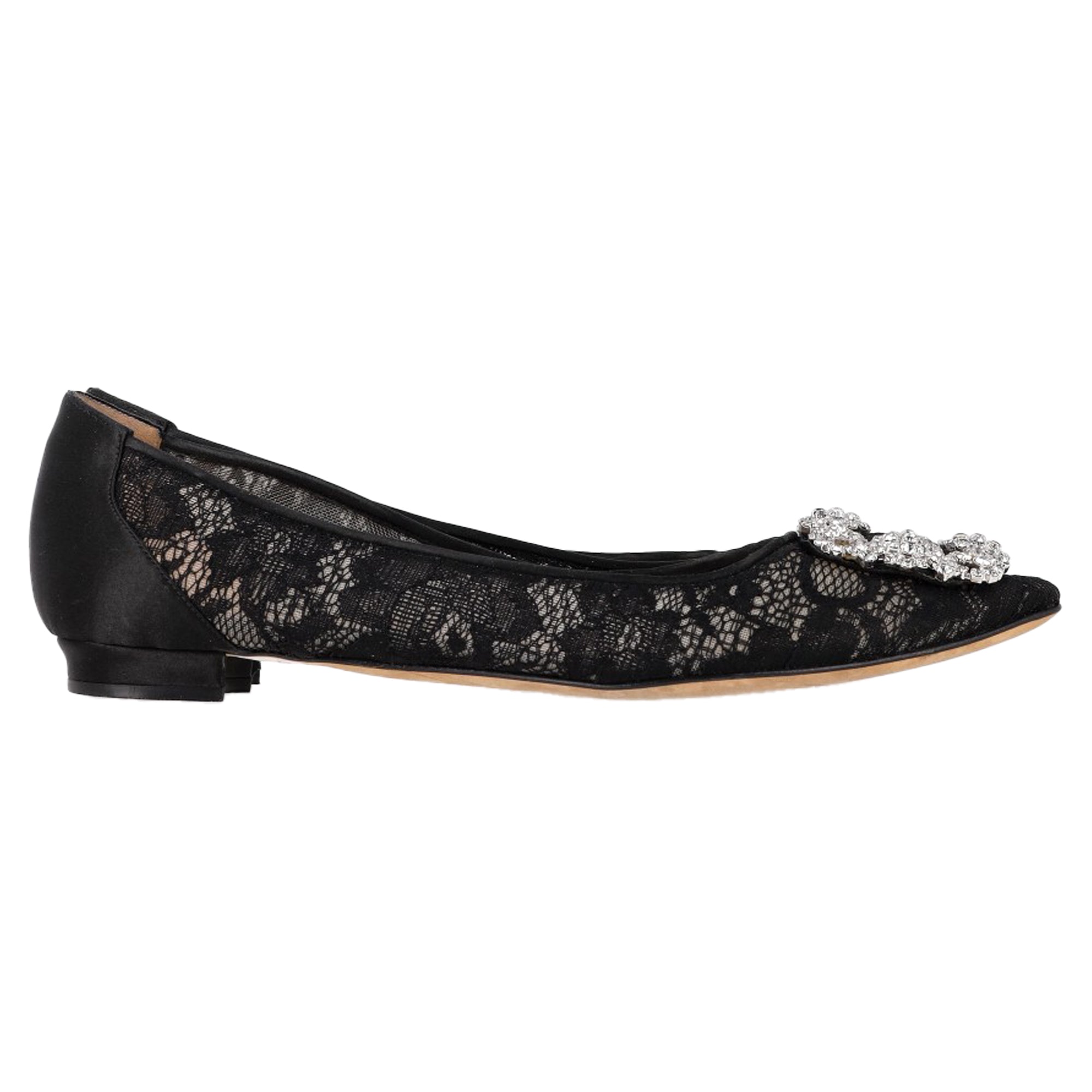 Women's Manolo Blahnik Hangisi Crystal Embellished Lace Ballet Flats in Black Cotton