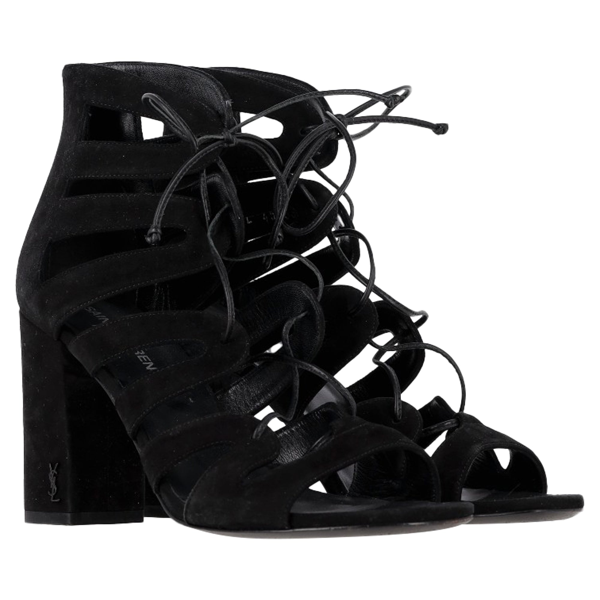 Women's Saint Laurent Gladiator Sandal Heels in Black Suede
