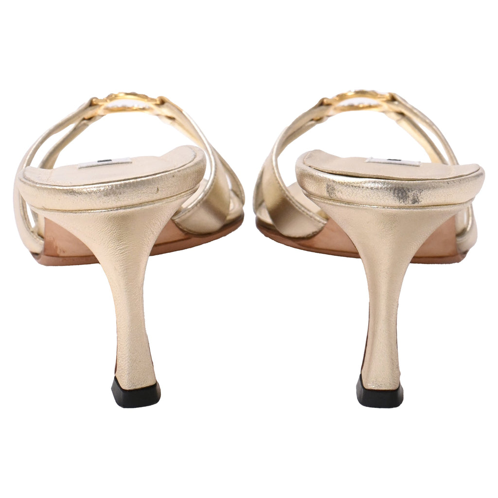 Manolo Blahnik Crystal Embellished Slide Sandals in Gold Leather