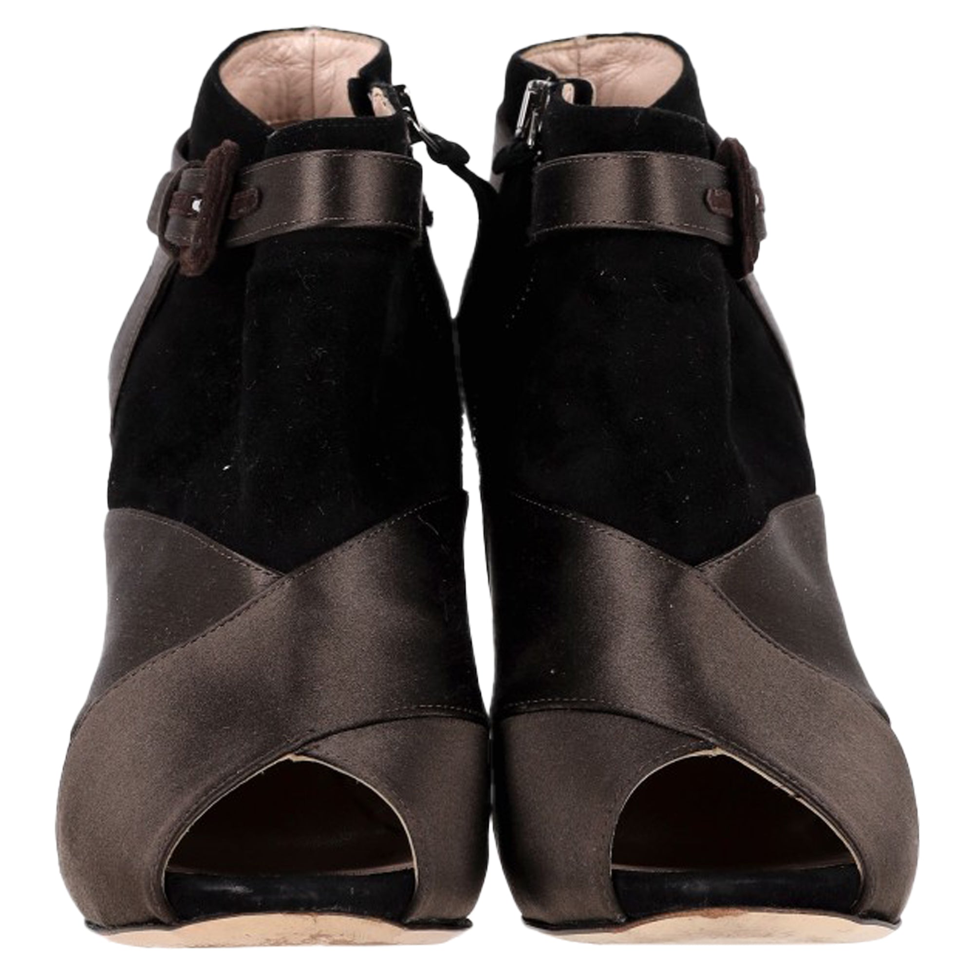 Miu Miu Peep-Toe Ankle Boots in Brown Satin and Suede