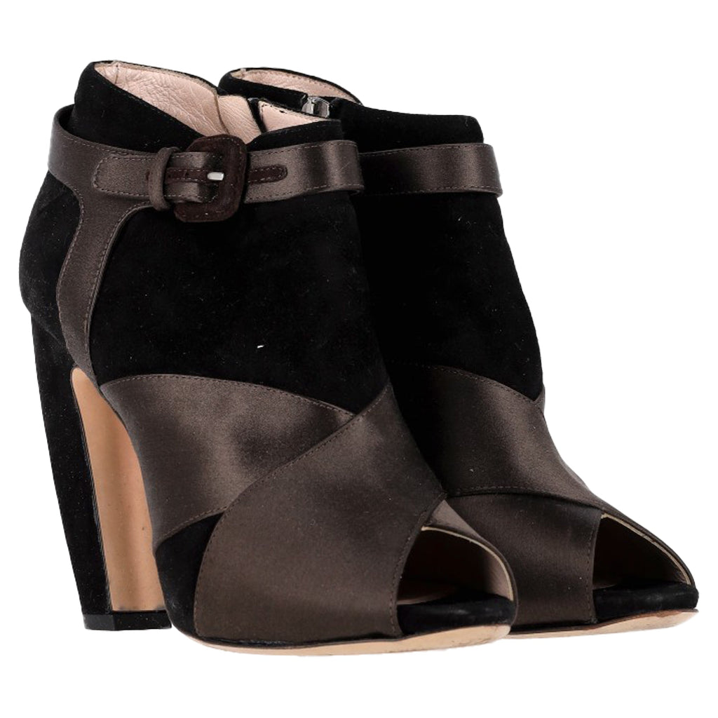 Miu Miu Peep-Toe Ankle Boots in Brown Satin and Suede