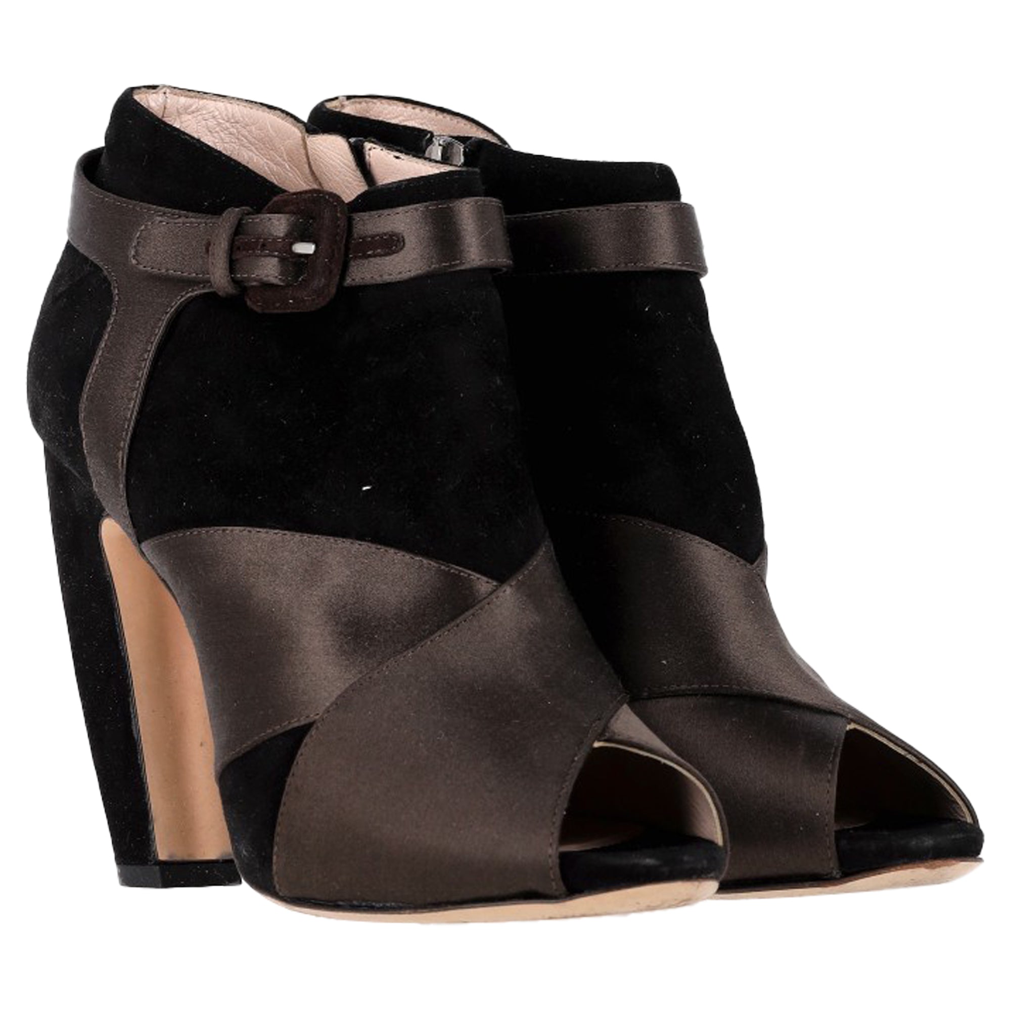 Miu Miu Peep-Toe Ankle Boots in Brown Satin and Suede