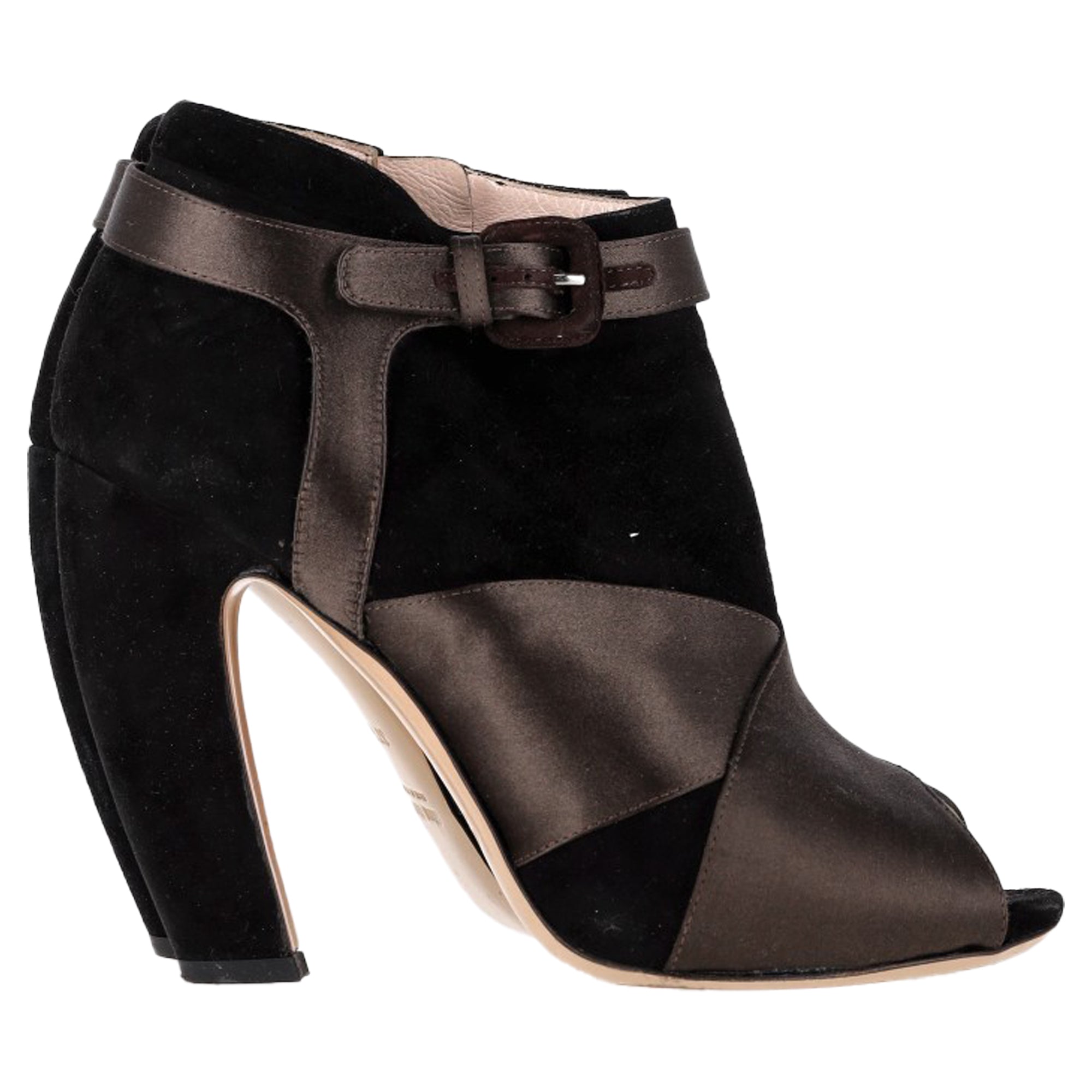Miu Miu Peep-Toe Ankle Boots in Brown Satin and Suede