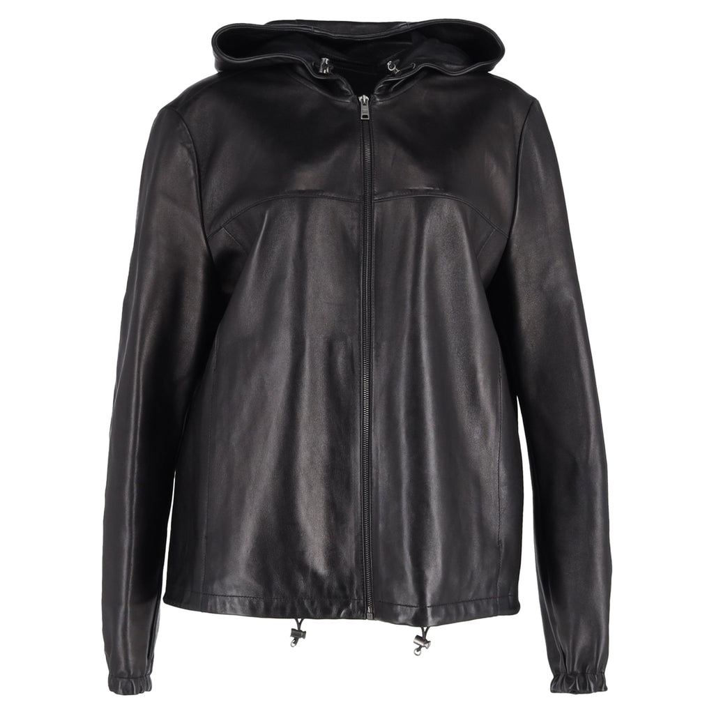 Prada Zipped Hooded Jacket in Black Leather