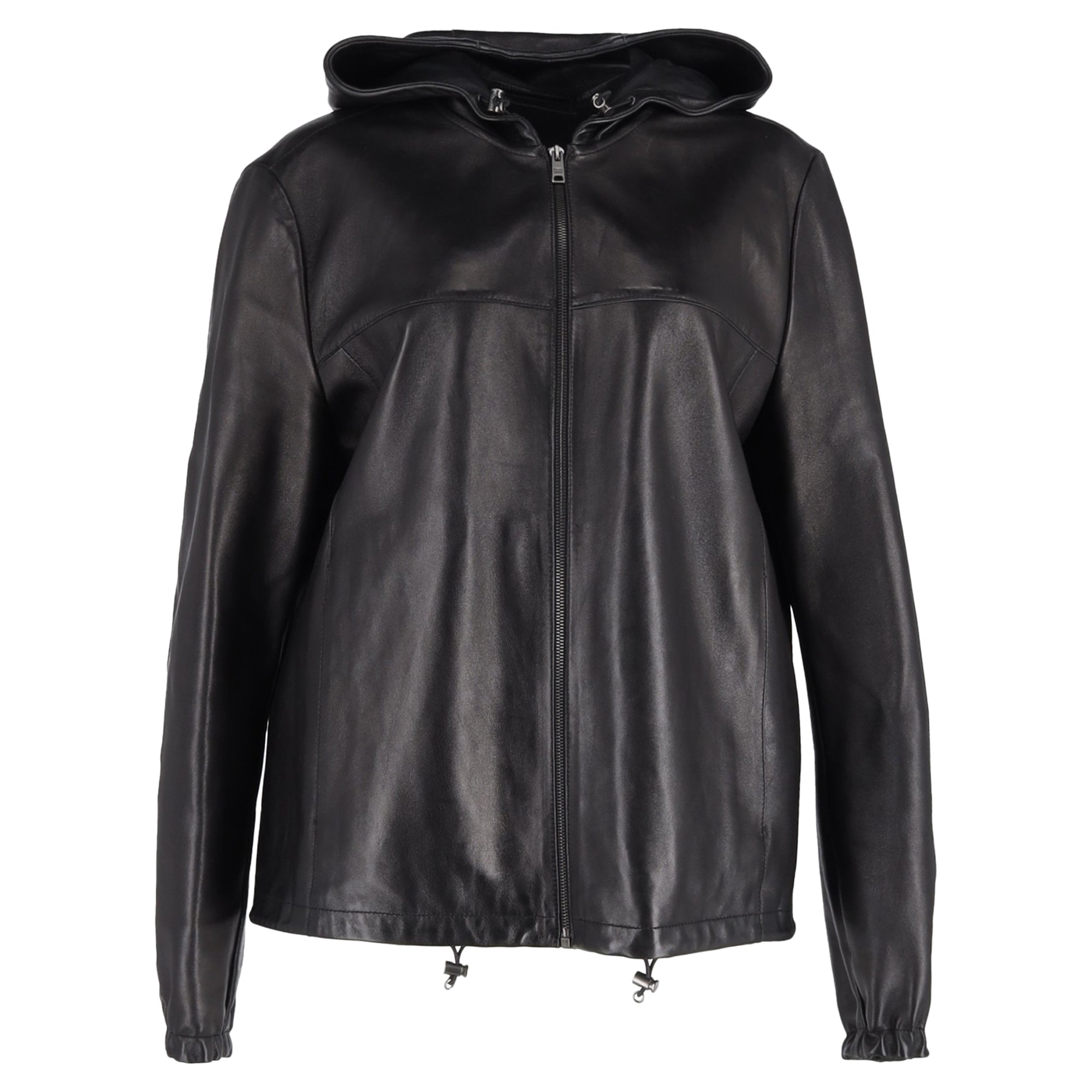 Prada Zipped Hooded Jacket in Black Leather