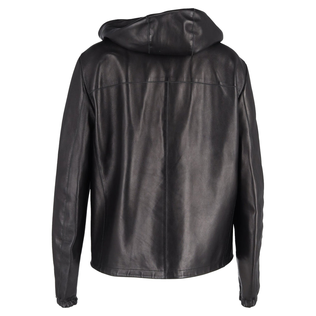 Prada Zipped Hooded Jacket in Black Leather