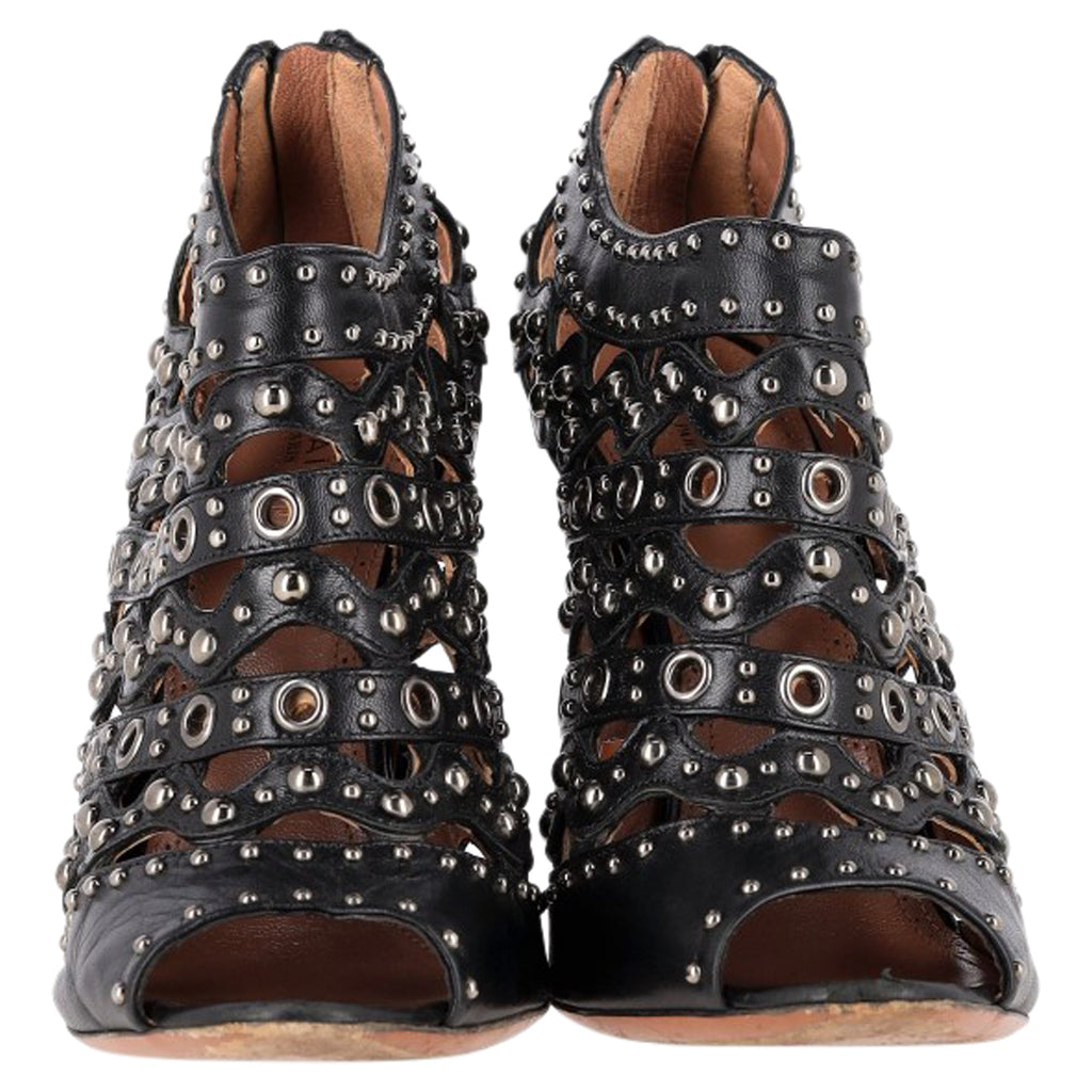 Alaia Studded Lasercut Sandal Heels in Black Leather